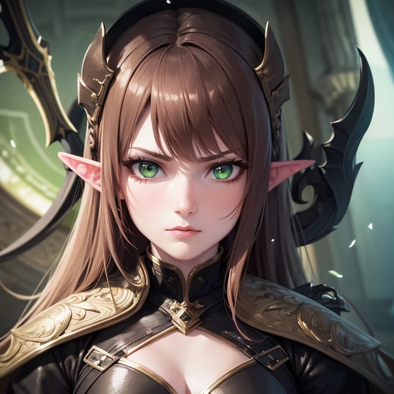 Young elven woman, pale skin, brown hair, a green eyes,  black clothes, small, dark fantasy, long ears, bladedancer, pissed, holding a sword