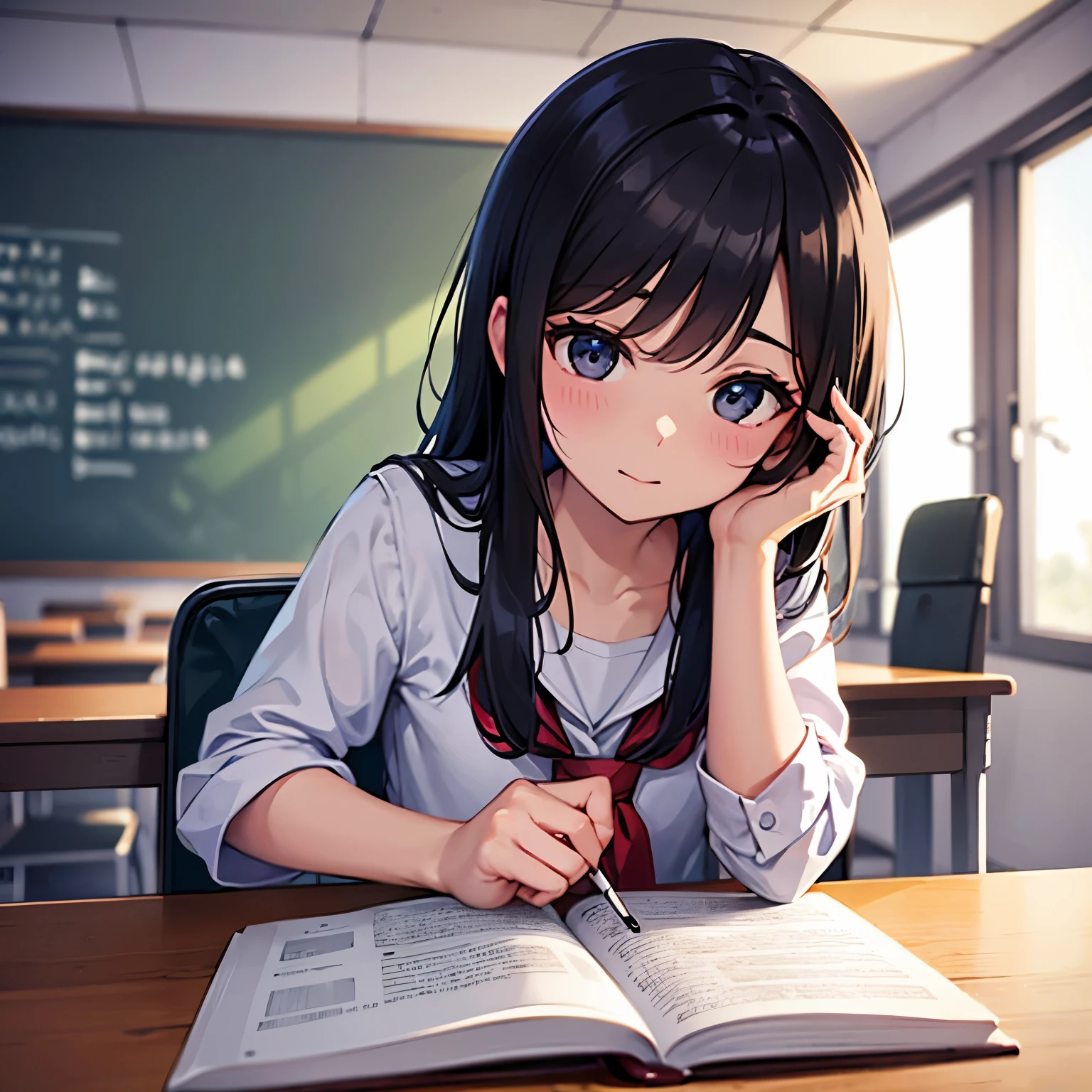 1 chico en la escuela sentado en un escrito escribiendo y viendo enfrente con una mirada enojona