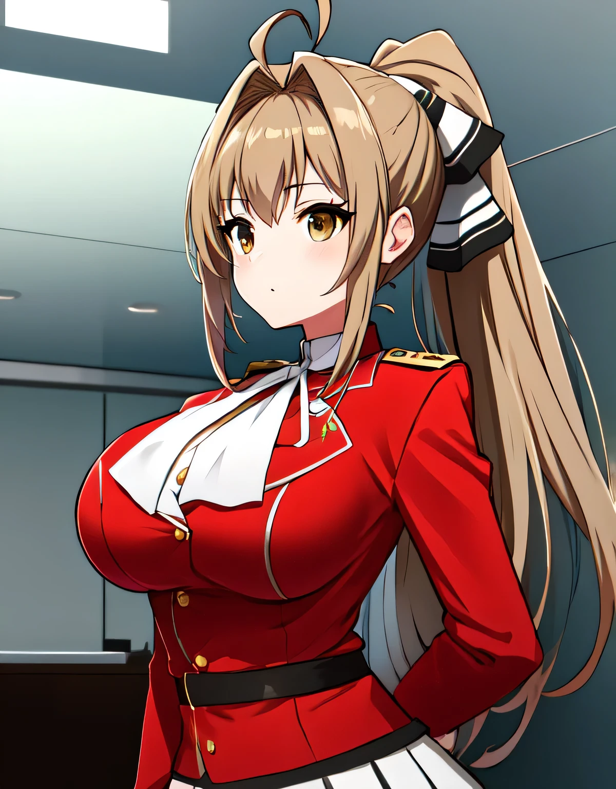 isuzu sento, Ahoge, (brown eyes:1.5), light brown hair, long hair, ponytail, hair ribbon, ribbon,Needle, black ribbon, black skirt, frilled skirt, frills, Jacket, army, army uniform, pleated skirt, (red Jacket:1.5), skirt, uniform, white ribbon, button,(big breasts:1.5),shiny,hair,((alone)),((masterpiece)),((highest quality)),perfect anatomy,slim waist,perfect image,8k UHD,(detailed and beautiful eyes:1.5),highly detailed face,Are standing,(Upper body:1.1),(look ahead:1.1),back arm,super detailed,disorganized,High resolution,indoor,