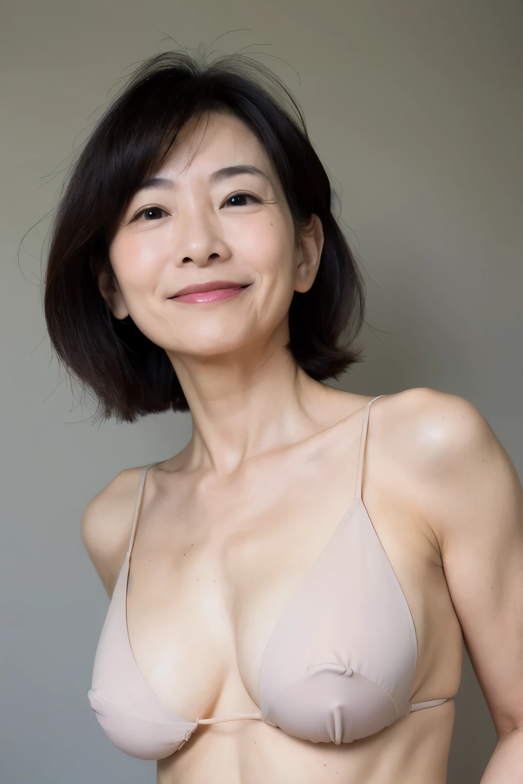 1woman, japanese model, 60 years old, short hair, evil smile, slender, small breasts, erection of nipple, from below, armpits, standing, oil, micro bikini, see-through, toppless, big clitoris,