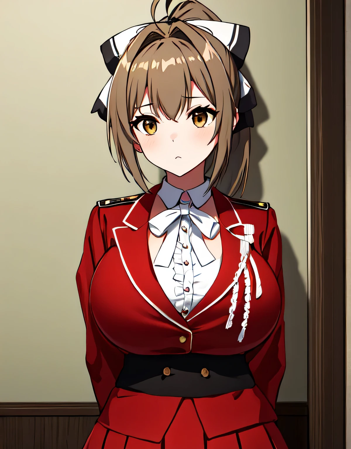 isuzu sento, Ahoge, (brown eyes:1.5), light brown hair, long hair, ponytail, hair ribbon, ribbon,Needle, black ribbon, black skirt, frilled skirt, frills, Jacket, army, army uniform, pleated skirt, (red Jacket:1.5), skirt, uniform, white ribbon, button,(big breasts:1.5),shiny,hair,((alone)),((masterpiece)),((highest quality)),perfect anatomy,slim waist,perfect image,8k UHD,(detailed and beautiful eyes:1.5),highly detailed face,Are standing,(Upper body:1.1),(look ahead:1.1),back arm,super detailed,disorganized,High resolution,indoor,