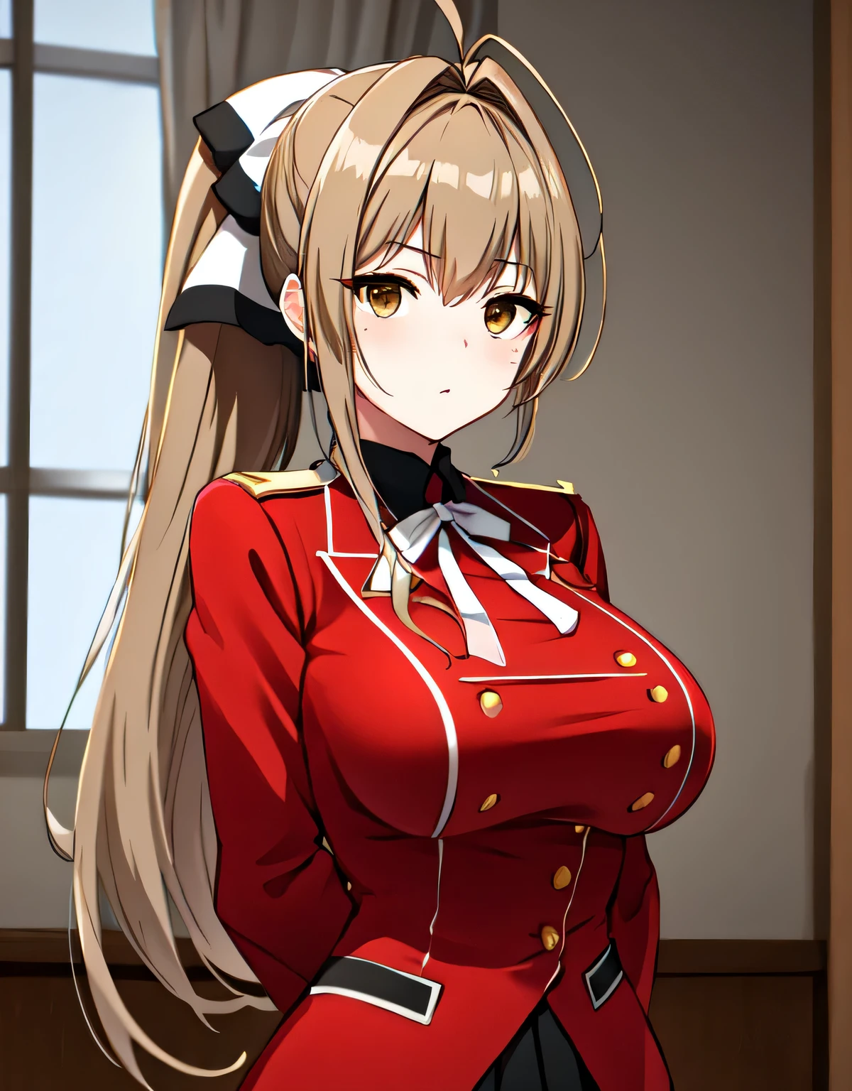 isuzu sento, Ahoge, (brown eyes:1.5), light brown hair, long hair, ponytail, hair ribbon, ribbon,Needle, black ribbon, black skirt, frilled skirt, frills, Jacket, army, army uniform, pleated skirt, (red Jacket:1.5), skirt, uniform, white ribbon, button,(big breasts:1.5),shiny,hair,((alone)),((masterpiece)),((highest quality)),perfect anatomy,slim waist,perfect image,8k UHD,(detailed and beautiful eyes:1.5),highly detailed face,Are standing,(Upper body:1.1),(look ahead:1.1),back arm,super detailed,disorganized,High resolution,indoor,