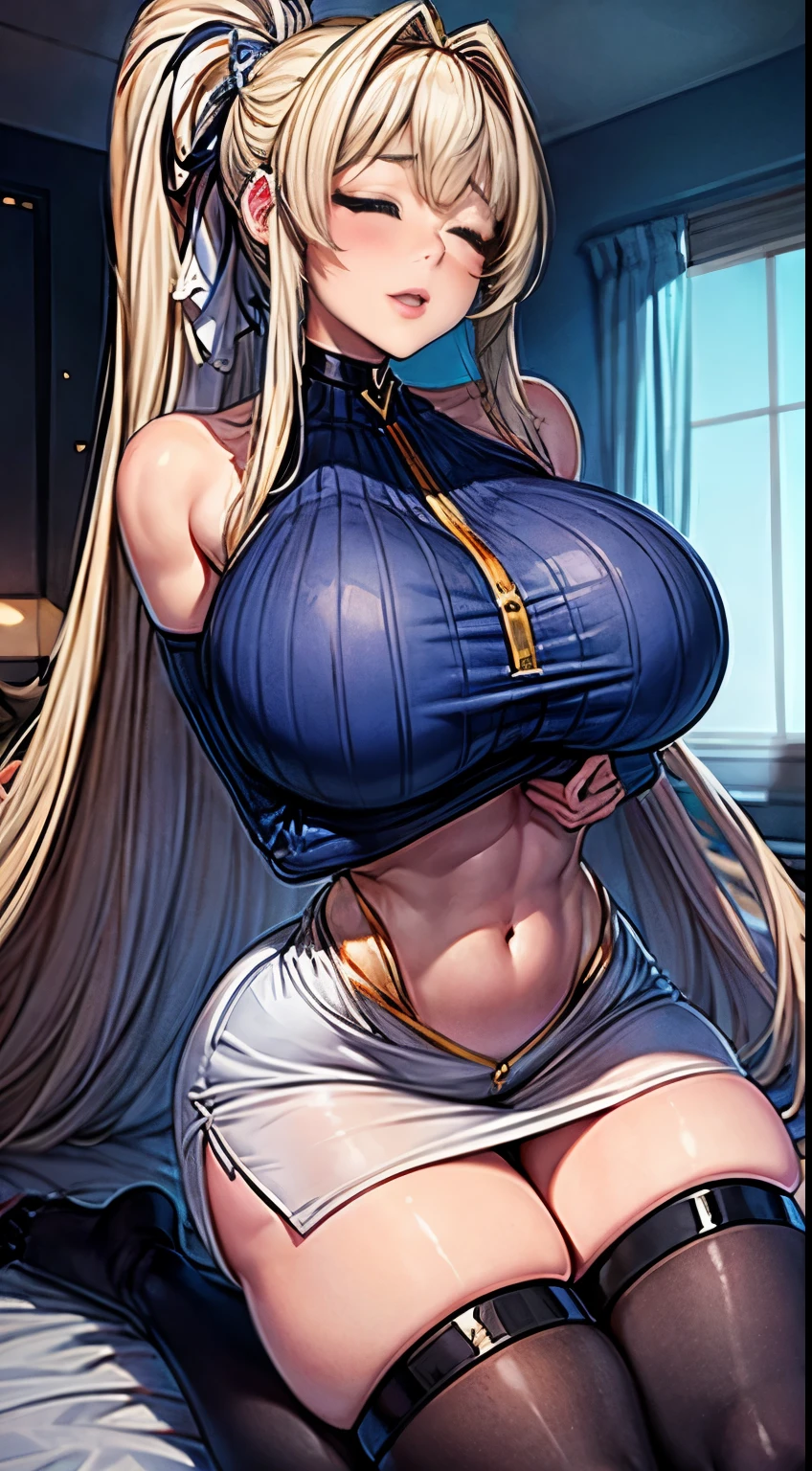 bmb-fc, sunny, bodycon dress, 1girl, face, woman , (masterpiece, best quality), 1girl, 18 years old, kneeling pose, show armpit, platinum blonde hair, high and long ponytail hair, plump lips, bimbo lips, huge breast, hourglass figure, sleepy face, closed eyes, exposed navel, glasses, super hot slut outfit, super tight white tube top, super tight mini shorts, choker, bedroom, thighhighs,