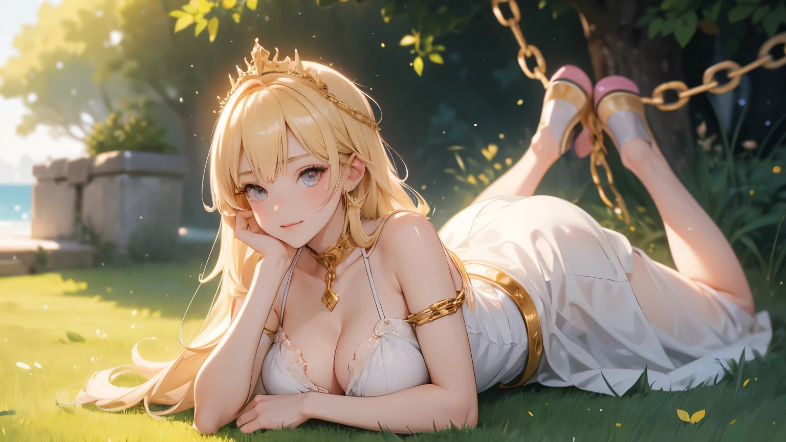 anime girl, blonde hair princess girl, small girl, white dress, with gold crown, face on camera, tight shirt, show large chest, dark isekai, shy girl, pitiful face, face forward to camera, asking pose, pink cheeks, half body, body on iron chain, smile, yellow eyes, show cleavage very big breast, zoom very big breast, face and breast in front, ensure she wear long pants, wet breast, watery breast, lay on grass, zoom front breast and face only, no nails, remove the nail, do not show the nails, girl tighten on iron chains like a slave, head pop up front, lot of iron chains, anime girl leans forward, lying grass, looking at viewer