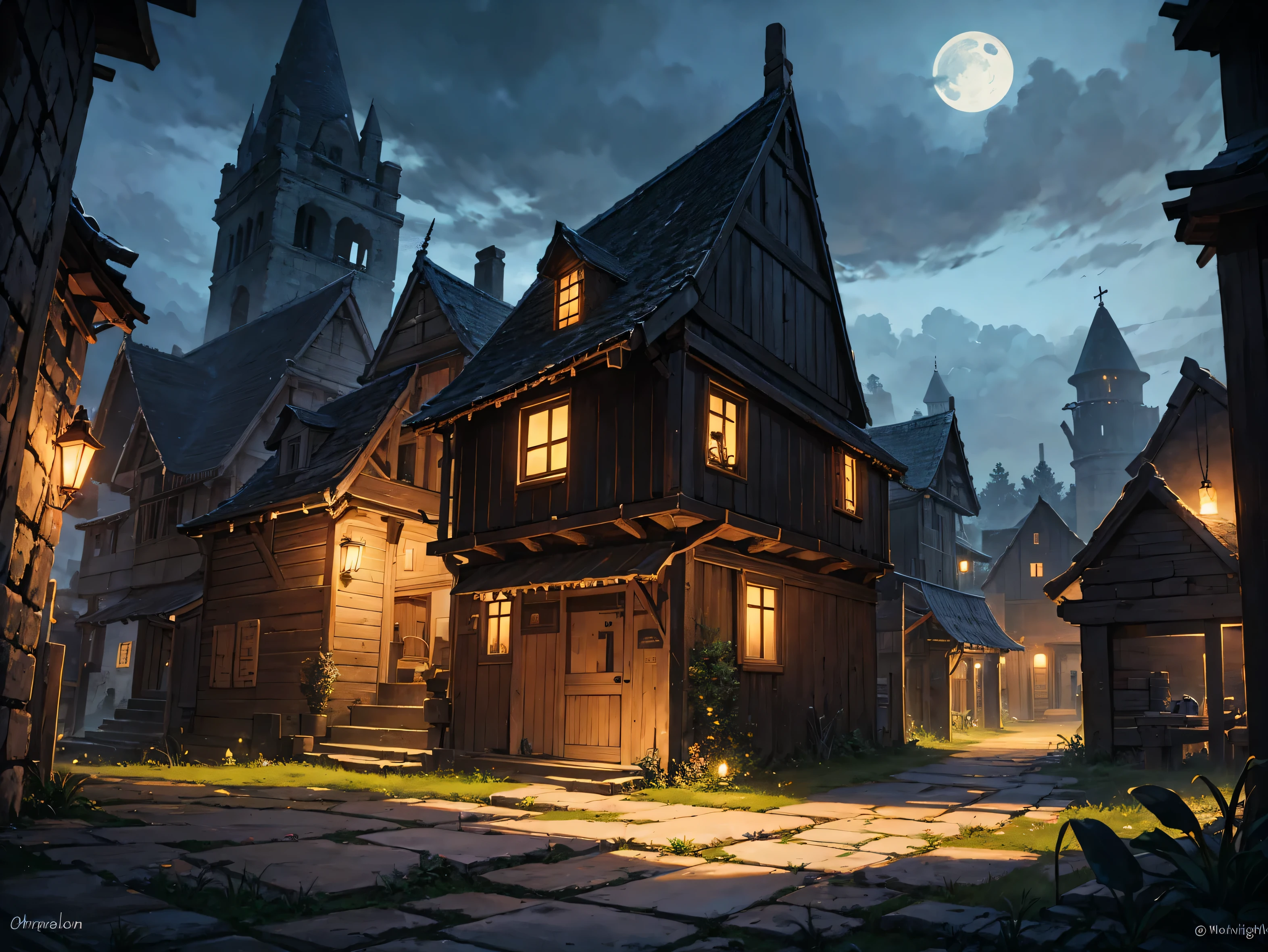 village in ruins, medieval, night, under the moonlight, dark, no light