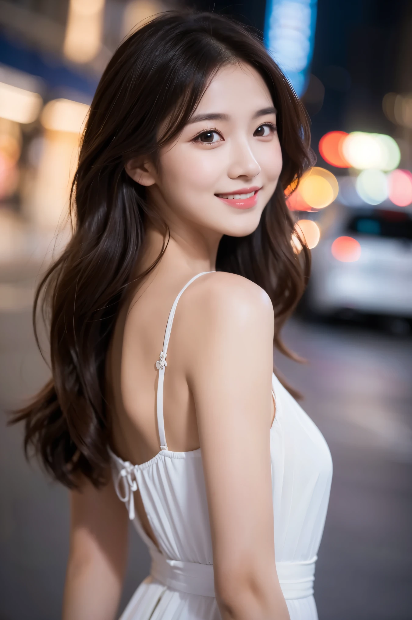 ((best quality, 8k, masterpiece :1.3)), 1 girl, smiling, whole body, face slimming, pretty Woman, (Dark brown hair), full length dress :1.1, Super detailed faces, delicate eyes, double eyelids, blurred background, face slimming, City, external, street,