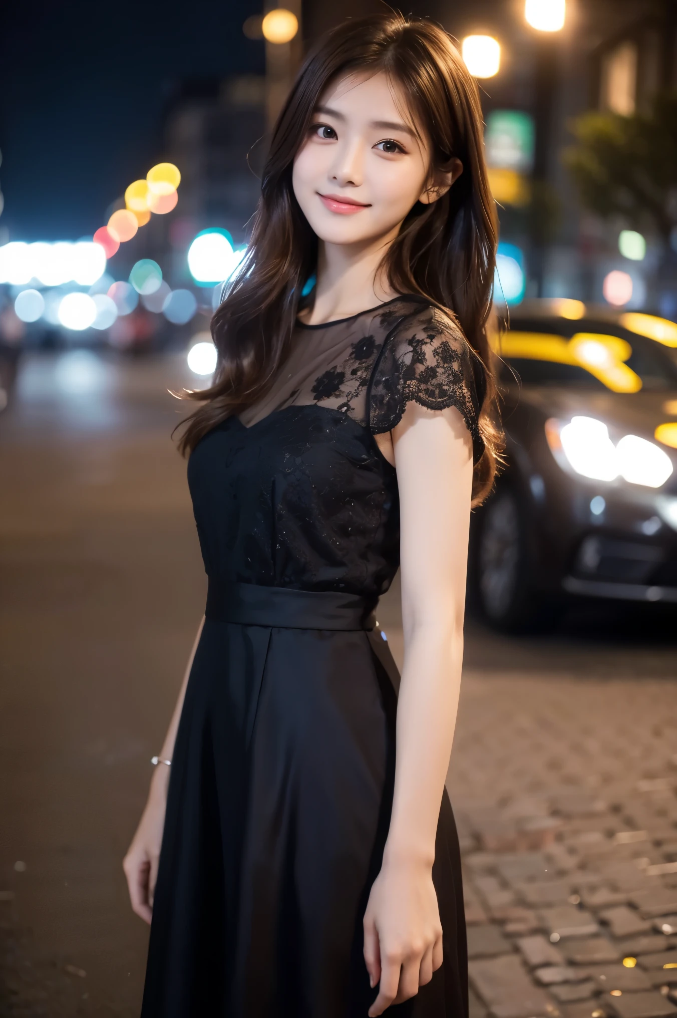 ((best quality, 8k, masterpiece :1.3)), 1 girl, smiling, whole body, face slimming, pretty Woman, (Dark brown hair), full length dress :1.1, Super detailed faces, delicate eyes, double eyelids, blurred background, face slimming, City, external, street,