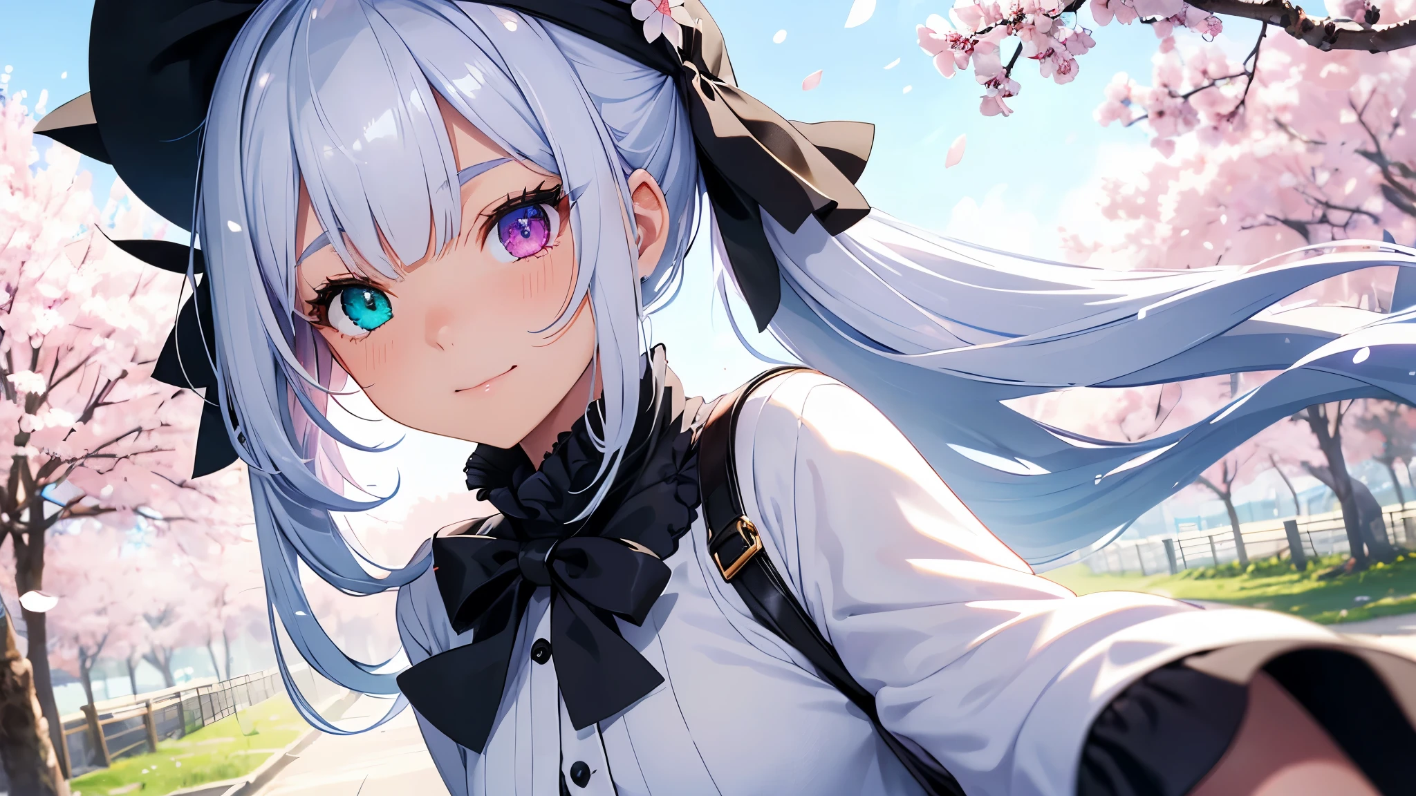 ,ambient occlusion、ambient light、raytracing reflections、glow、shining hair、
1 girl、highest quality、photorealistic、super detail、delicate、orderly、high detail、bluish silver ponytail、(droopy iris of heterochromia:1.4)、(glowing eyes:1.2)、、、shy smile、slender、cowboy shot、blurred background、dynamic angle、I can see the girl through the cherry blossoms、one piece、cardigan、A girl walking along a row of cherry blossom trees、warm spring sunshine、petals dancing in the wind、