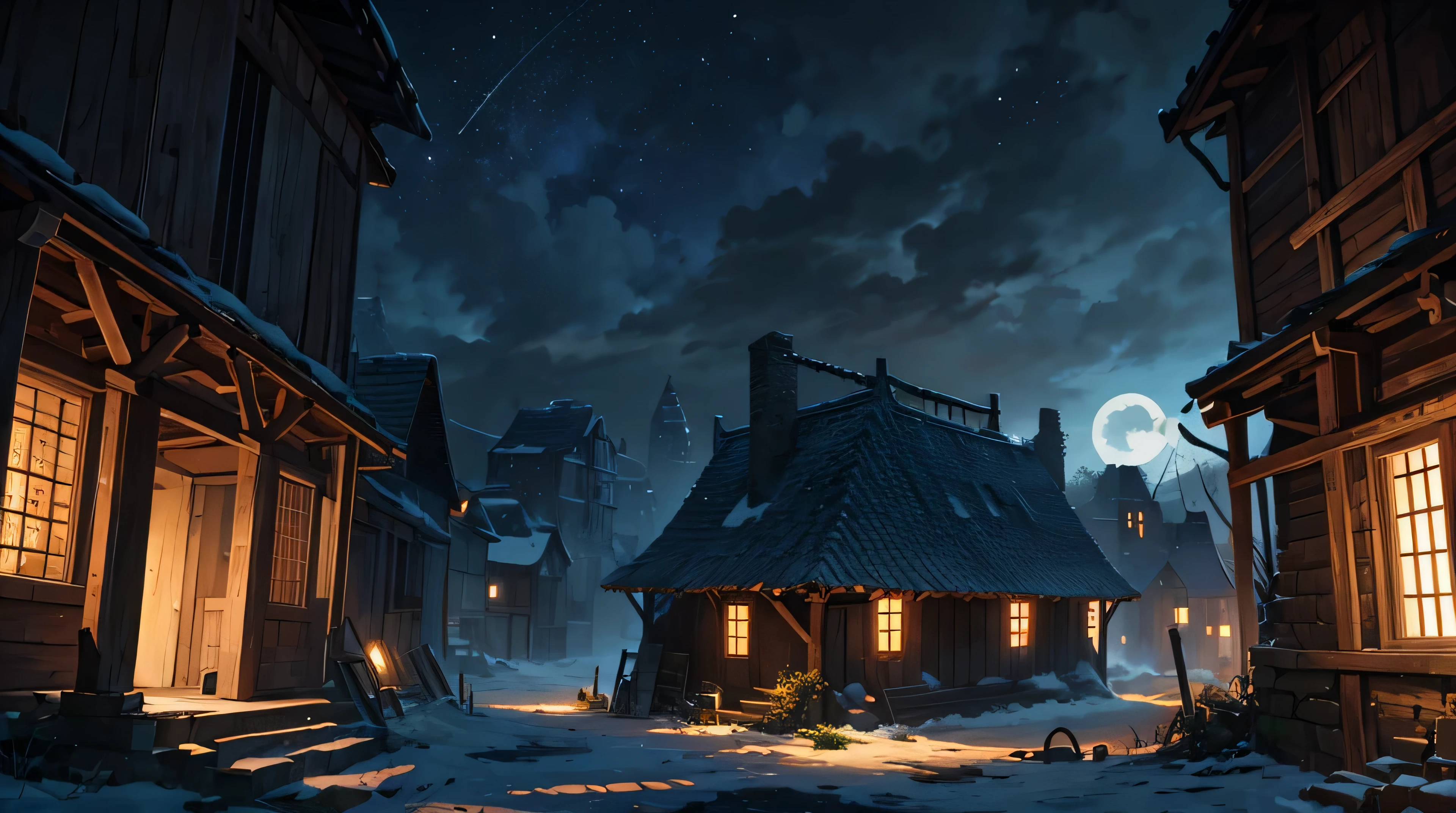 village in ruins, medieval, night, under the moonlight, dark, no light