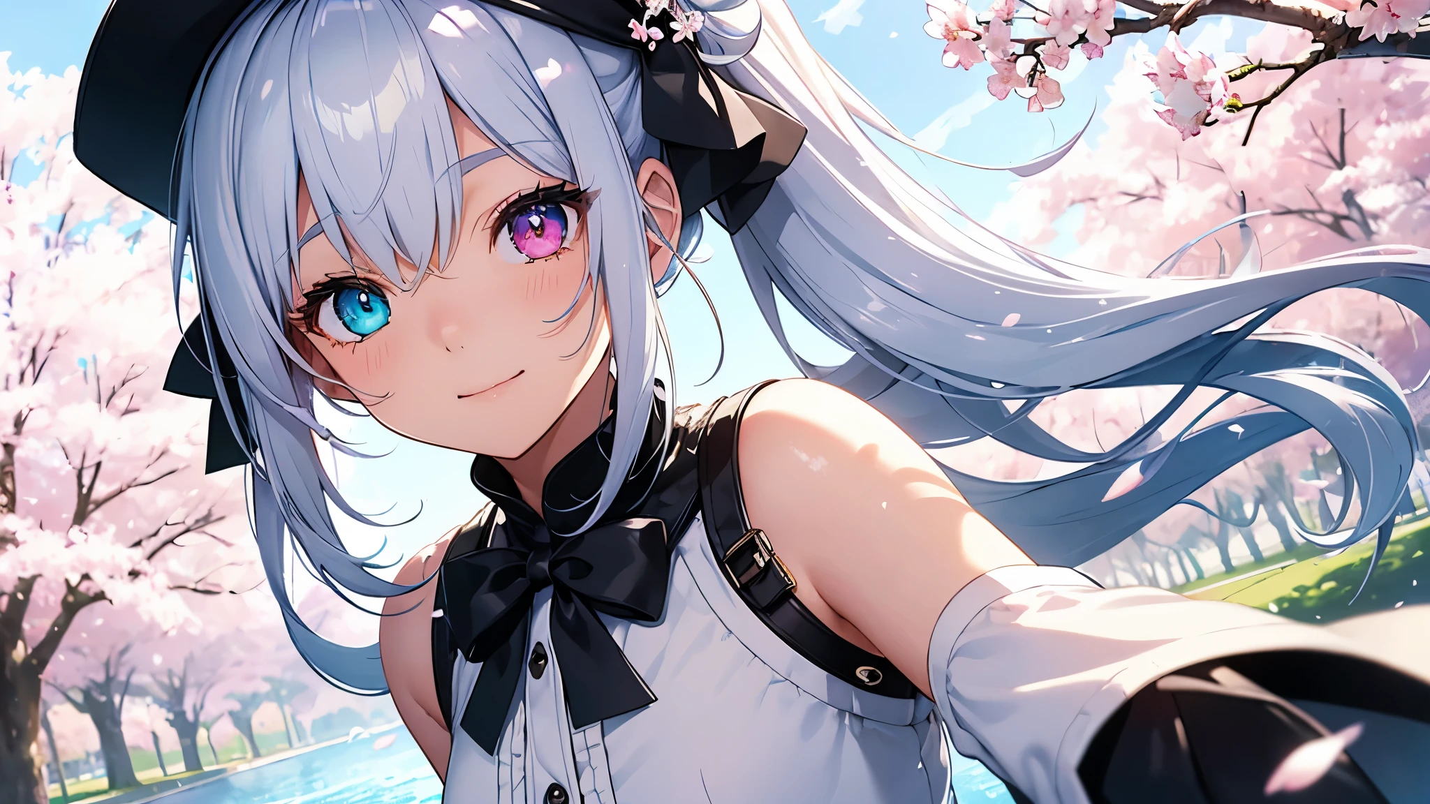 ,ambient occlusion、ambient light、raytracing reflections、glow、shining hair、
1 girl、highest quality、photorealistic、super detail、delicate、orderly、high detail、bluish silver ponytail、(droopy iris of heterochromia:1.4)、(glowing eyes:1.2)、、、shy smile、slender、cowboy shot、blurred background、dynamic angle、I can see the girl through the cherry blossoms、one piece、cardigan、A girl walking along a row of cherry blossom trees、warm spring sunshine、petals dancing in the wind、