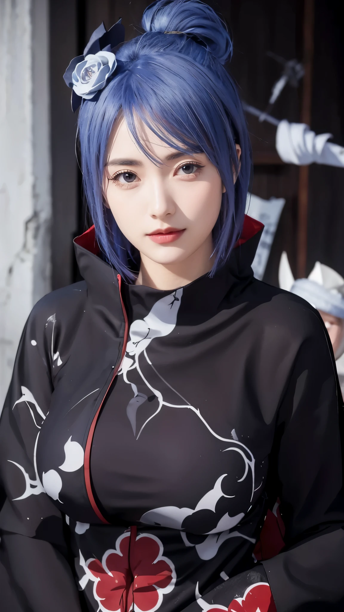 （（（akatsuki outfit，Xiao clothing, ninja, black cloak,black coat, （（（danya，konan \(naruto\),konan, blue hair, Orange pupils, short hair, hair ornament, flower, hair flower, ））），（（（wide hips））），S-shaped body:1.7））），((masterpiece)),high resolution, ((Best quality at best))，masterpiece，quality，Best quality，（（（ Exquisite facial features，looking at the audience,There is light in the eyes，shy，blush，pain，endure ））），（（（Light and shadow interlace，super gigantic ，cleavage））），（（（looking into camera，from below，look up，低头looking into camera，white paper airplane，white paper，Hands hidden in sleeves）））Realistic ,perffeck charater , skin beoutiful ,cute girl