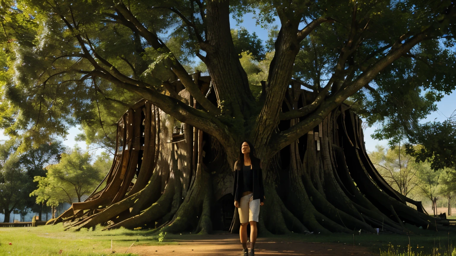 She discovers a hidden clearing with a towering, wise-looking tree in the center.