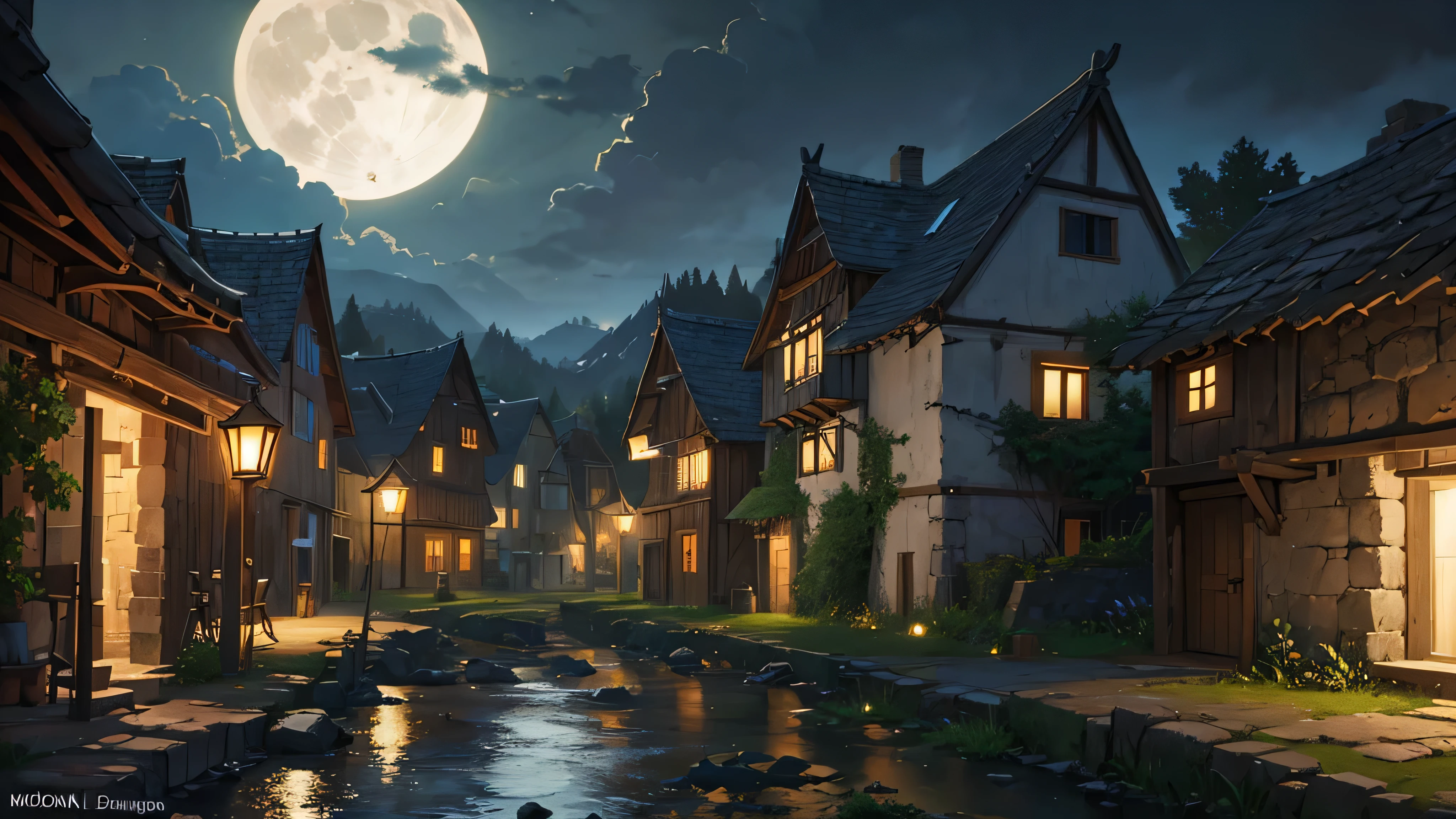 village in ruins, medieval, night, under the moonlight, dark, no light