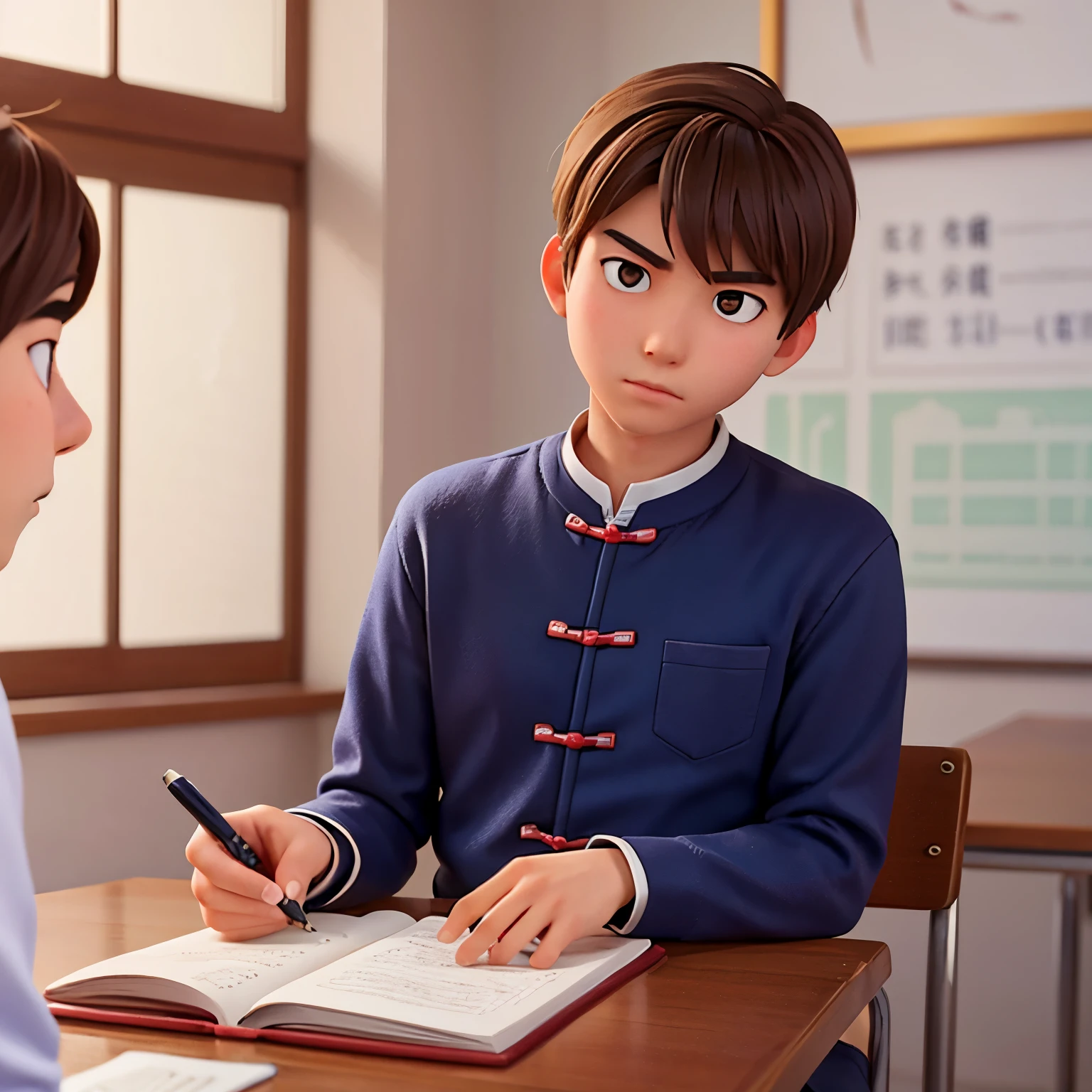 Male brown hair Chinese high school student sitting at a desk at school and writing while turning his gaze towards another person with serious face 