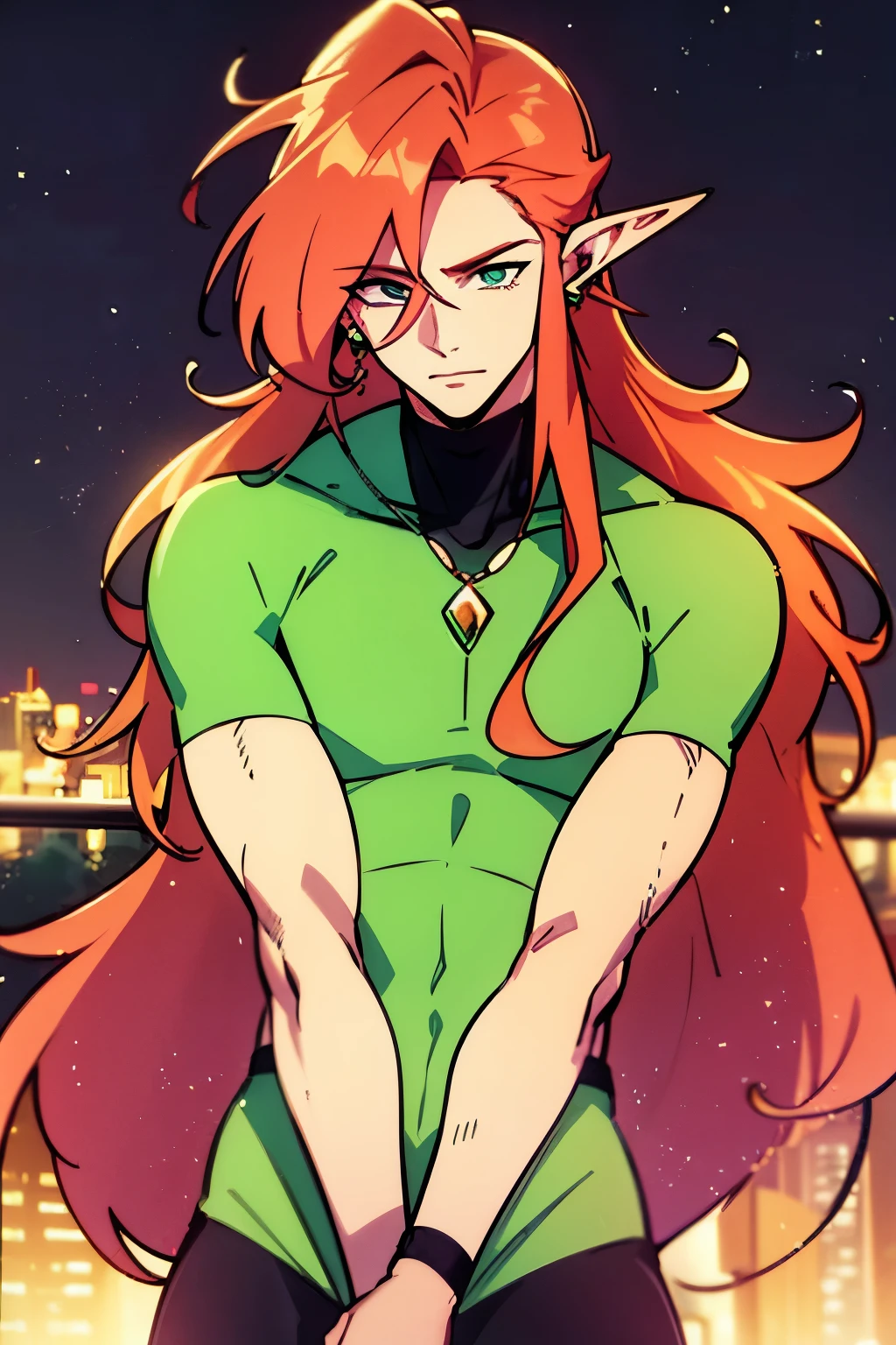beautiful guy with long ginger hair, eyes emerald green, ears pierced with peridot studs, pink night aesthetic city background