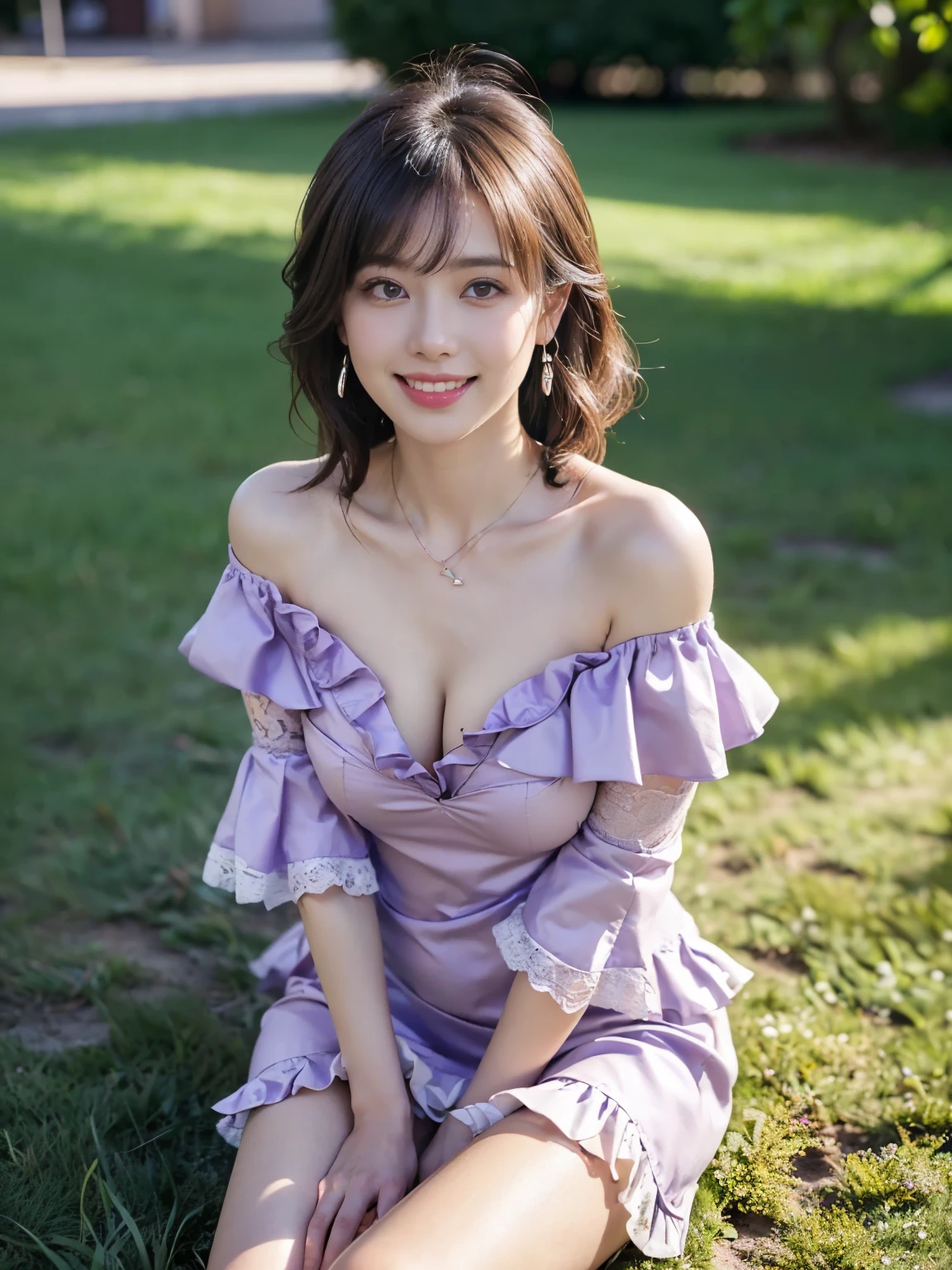 ((((highest quality))))、(((Ultra-precision CG16K wallpaper)))、(((masterpiece)))、(((Super detailed)))、(((super extreme details)))、1people's women、mature woman、24 year old woman、((Japanese face))、((very beautiful face))、((Aimi Higa:1.5))、((straight shoulder length hair))、(shiny brown hair)、bangs up to eyebrows、beautiful brown hair、beautiful delicate eyes、brown eyes、raised eyebrows、high nose、small nostrils、small mouth、seductive lipouth slightly open、beautiful breasts、((C cup size breasts))、cleavage、plump body、(Chubby body type)、perfect proportions、perfect anatomy、perfect composition、beautiful detailed shading、beautiful natural lighting、beautiful detail glow、Depth of the bounds written、(((High chroma)))、(((real:1.9)))、((vivid:1.5))、((edge:1.6))、((beautiful skin))、((skin texture))、((realな皮膚感))、(((cowboy shot、Venus Hill、Thigh:1.5)))、((Low angle view from below front:1.5))、((smile:1.4))、(Eyes looking at me:1.5)、daytime park、bright sunshine、(((lawn square:1.3)))、(model pose:1.5)、(((Light purple color off shoulder ruffled lace mini dress clothing:1.6)))、((earrings、wearing necklace:1.2))、