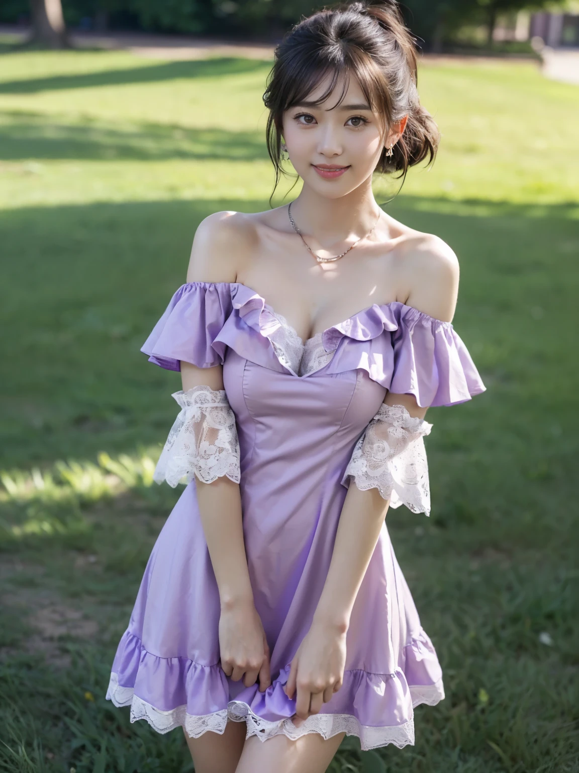((((highest quality))))、(((Ultra-precision CG16K wallpaper)))、(((masterpiece)))、(((Super detailed)))、(((super extreme details)))、１people&#39;s women、mature woman、24 year old woman、((Japanese face))、((very beautiful face))、((Aimi Higa:1.5))、((straight shoulder length hair))、(shiny brown hair)、bangs up to eyebrows、beautiful brown hair、beautiful delicate eyes、brown eyes、raised eyebrows、high nose、small nostrils、small mouth、seductive lipouth slightly open、beautiful breasts、((C cup size breasts))、cleavage、plump body、(Chubby body type)、perfect proportions、perfect anatomy、perfect composition、beautiful detailed shading、beautiful natural lighting、beautiful detail glow、Depth of the bounds written、(((High chroma)))、(((real:1.9)))、((vivid:1.5))、((edge:1.6))、((beautiful skin))、((skin texture))、((realな皮膚感))、(((cowboy shot、Venus Hill、Thigh:1.5)))、((Low angle view from below front:1.5))、((smile:1.4))、(Eyes looking at me:1.5)、daytime park、bright sunshine、(((lawn square:1.3)))、(model pose:1.5)、(((Light purple color off shoulder ruffled lace mini dress clothing:1.6)))、((earrings、wearing necklace:1.2))、