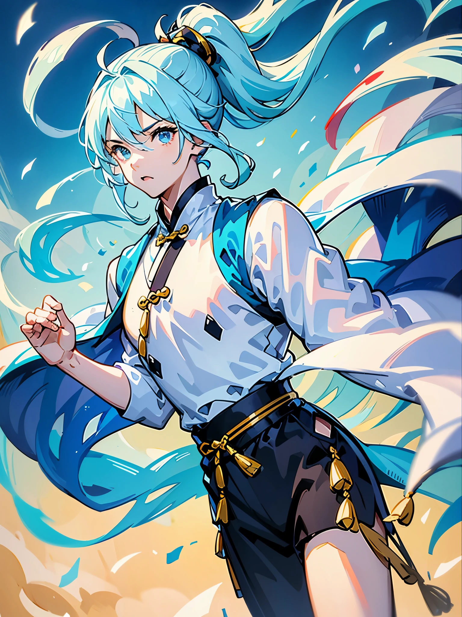 10th generation male、light blue hair、The ends of the hair are flying、Ahoge、short ponytail、blue eyes、He holds a big, thick sword like a fantasy one.、Wearing china clothes、battlefield in the background
