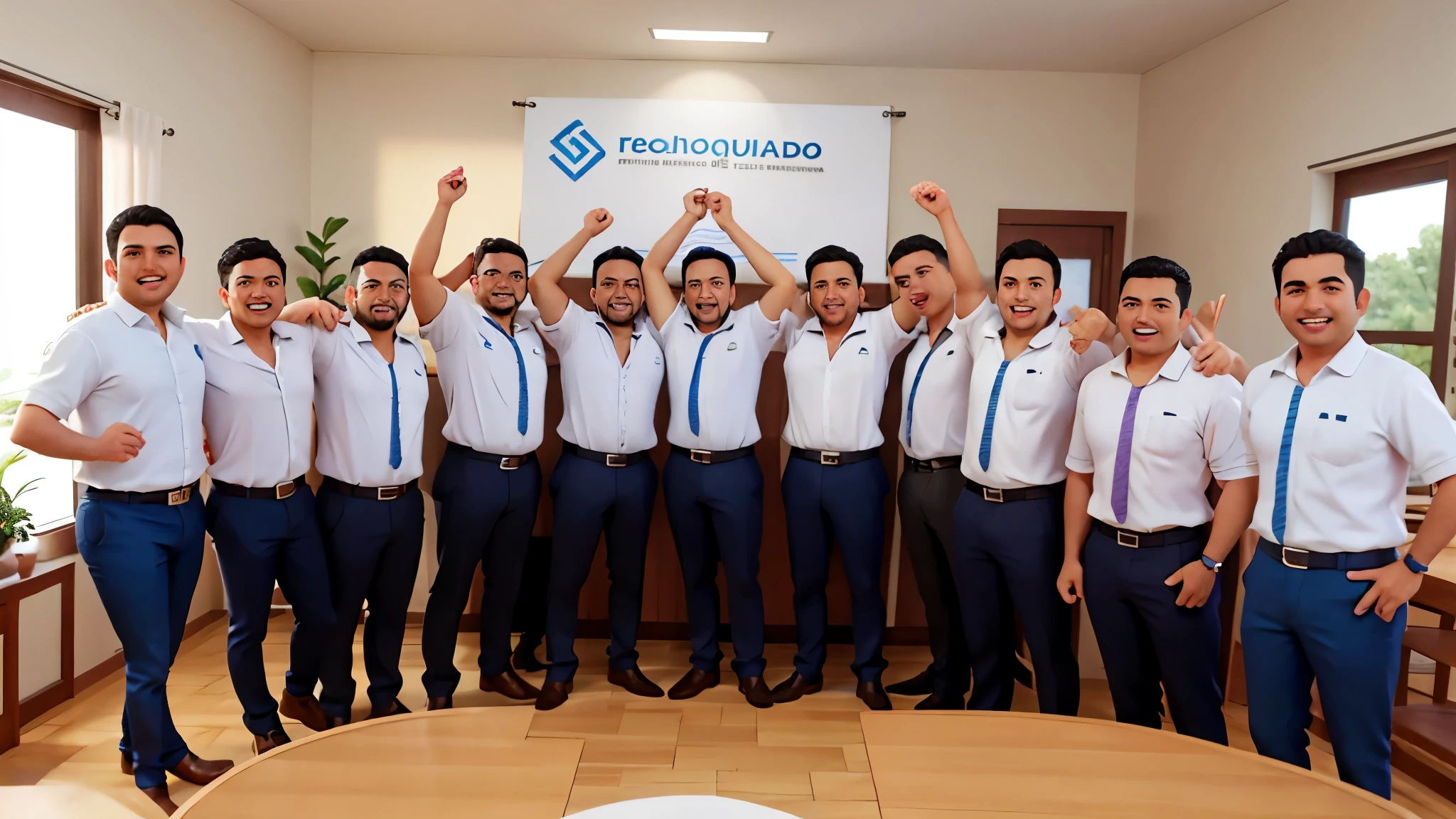  Santiago and his team celebrating the success of their company, rodeados de maquinaria textil en funcionamiento.
