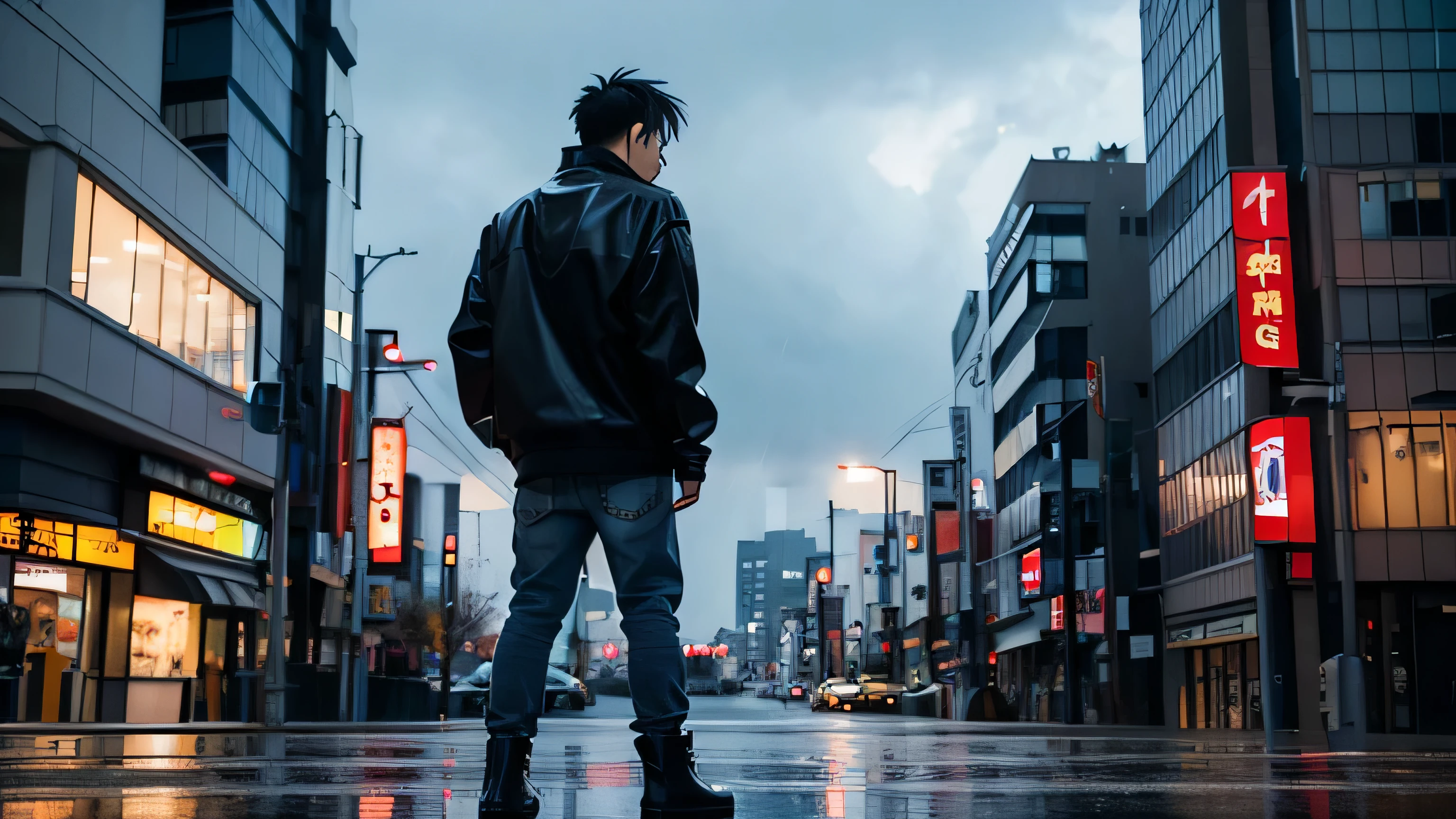 anime style, guy leaning against building, rainy, japanese city, wearing black jacket, wearing jeans, wearing boots, facing away from camera