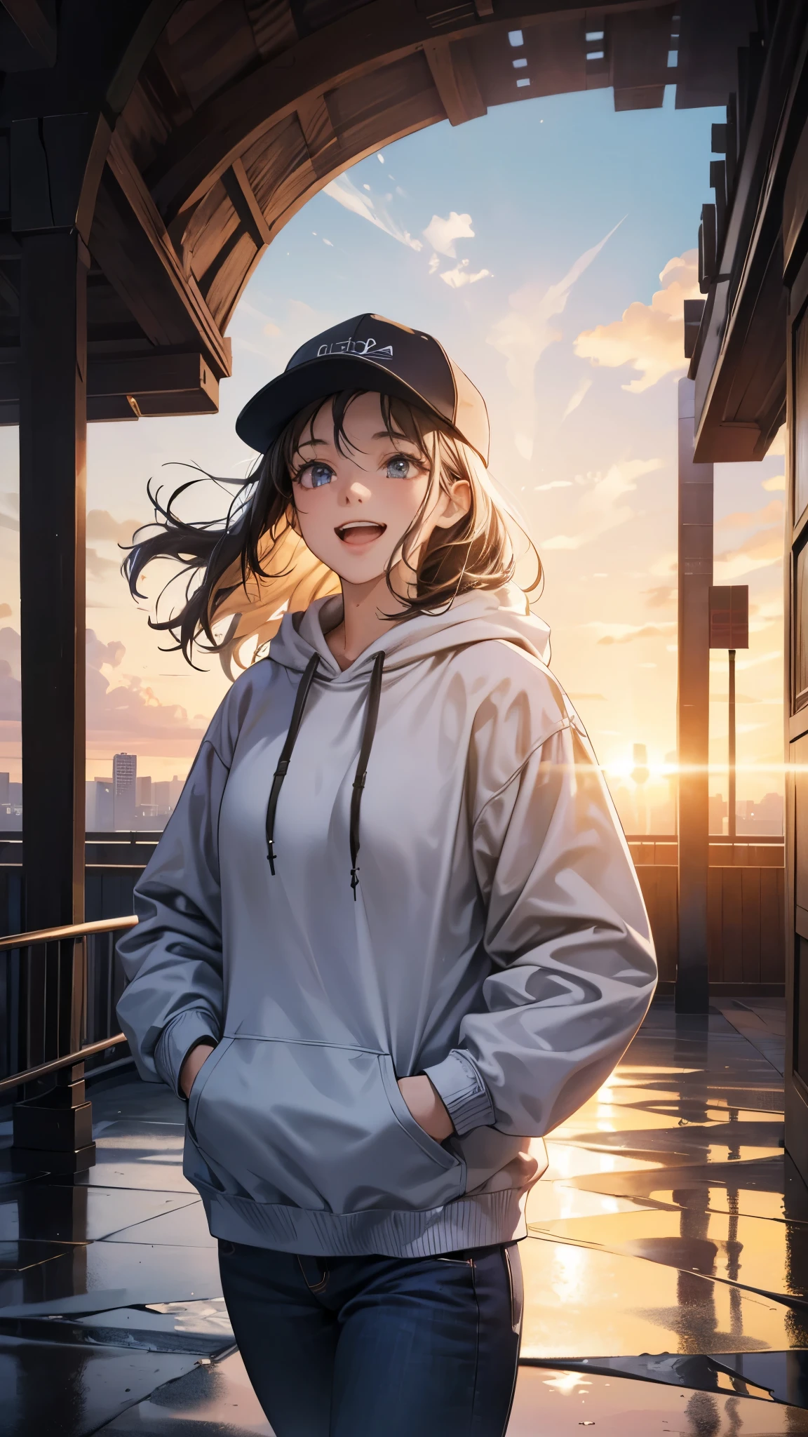 cinematic artwork of a woman walking alone, (she is looking up:1.3, wearing a hoodie, wearing a sports hat, laughing, hands in the pocket, professional image), cinematic atmosphere, semi-realistic, [:(perfect face, expressive face,expressive eyes):8], detailed textures, uhd, reflections, low angle, at the sunset, hair in the wind, breathtaking, alone, solitude, relaxed atmosphere, cozy, (freedom feeling), gorgeous sky, dynamic angle, wet floor. volumetric clouds, upper body shot, 8k, masterpiece, anime masterwork, wallpaer, award winner,