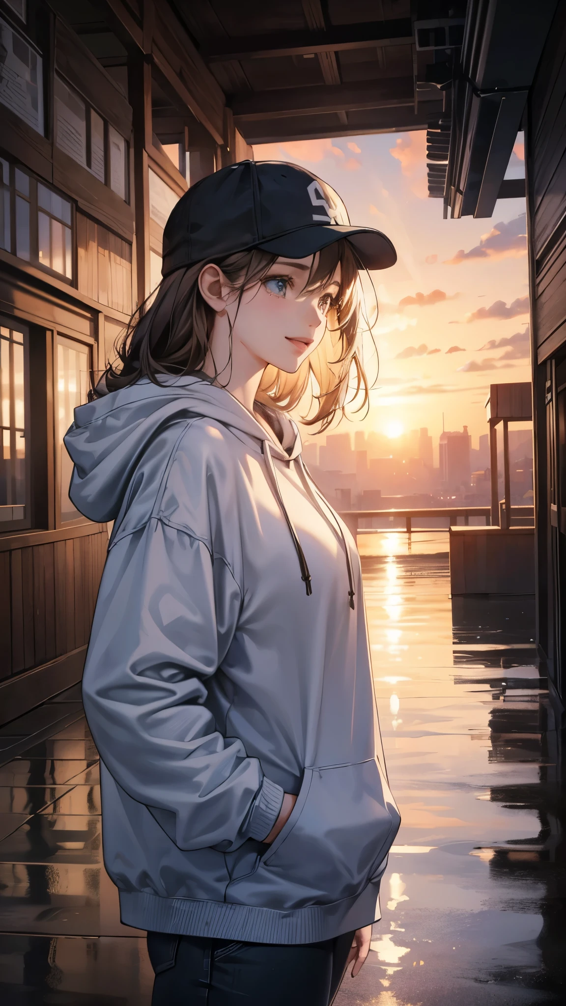 cinematic artwork of a woman walking alone, (she is looking up:1.3, wearing a hoodie, wearing a sports hat, laughing, hands in the pocket, professional image), cinematic atmosphere, semi-realistic, [:(perfect face, expressive face,expressive eyes):8], detailed textures, uhd, reflections, low angle, at the sunset, hair in the wind, breathtaking, alone, solitude, relaxed atmosphere, cozy, (freedom feeling), gorgeous sky, dynamic angle, wet floor. volumetric clouds, upper body shot, 8k, masterpiece, anime masterwork, wallpaer, award winner,