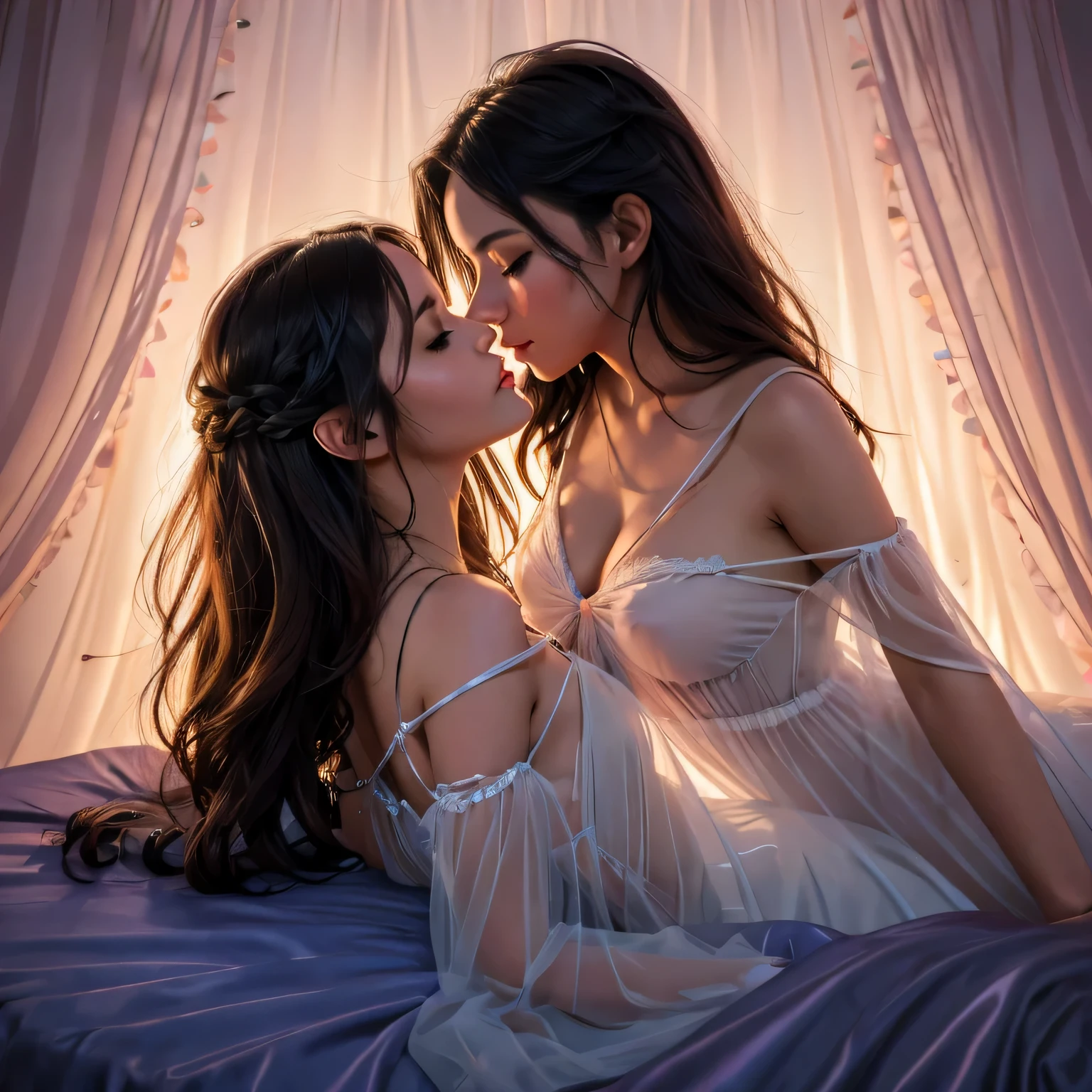 two girl kissing,,(bright lighting,romantic setting),dreamy background,,dark hair, mesmerizing gaze, , soft skin, alluring beauty, artistic portrait, high-quality image, vibrant colors,translucent long silk gown, mosquito net, lying down, romantic bedroom,bondage 