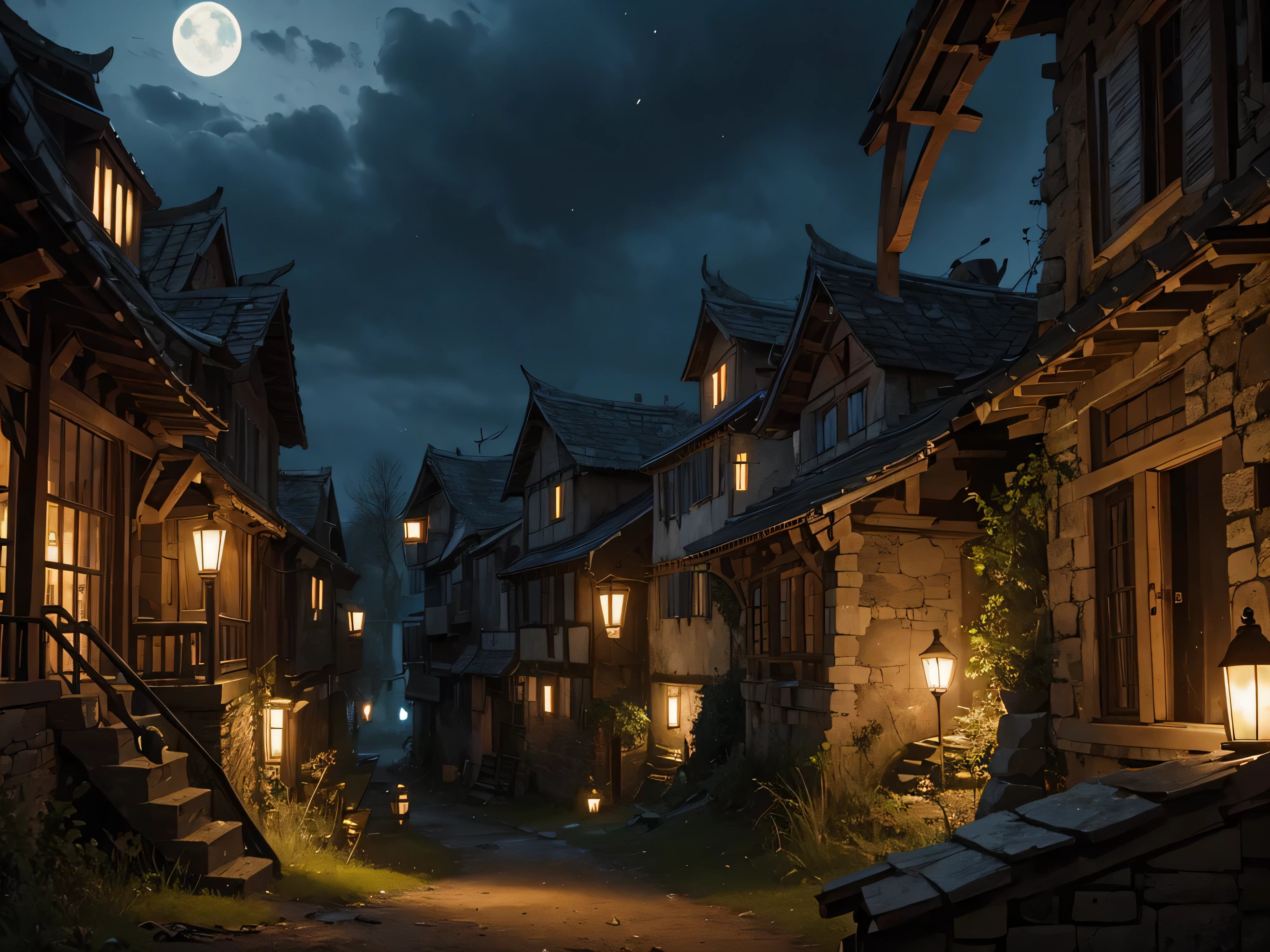 village in ruins, medieval, night, under the moonlight, dark, no light
