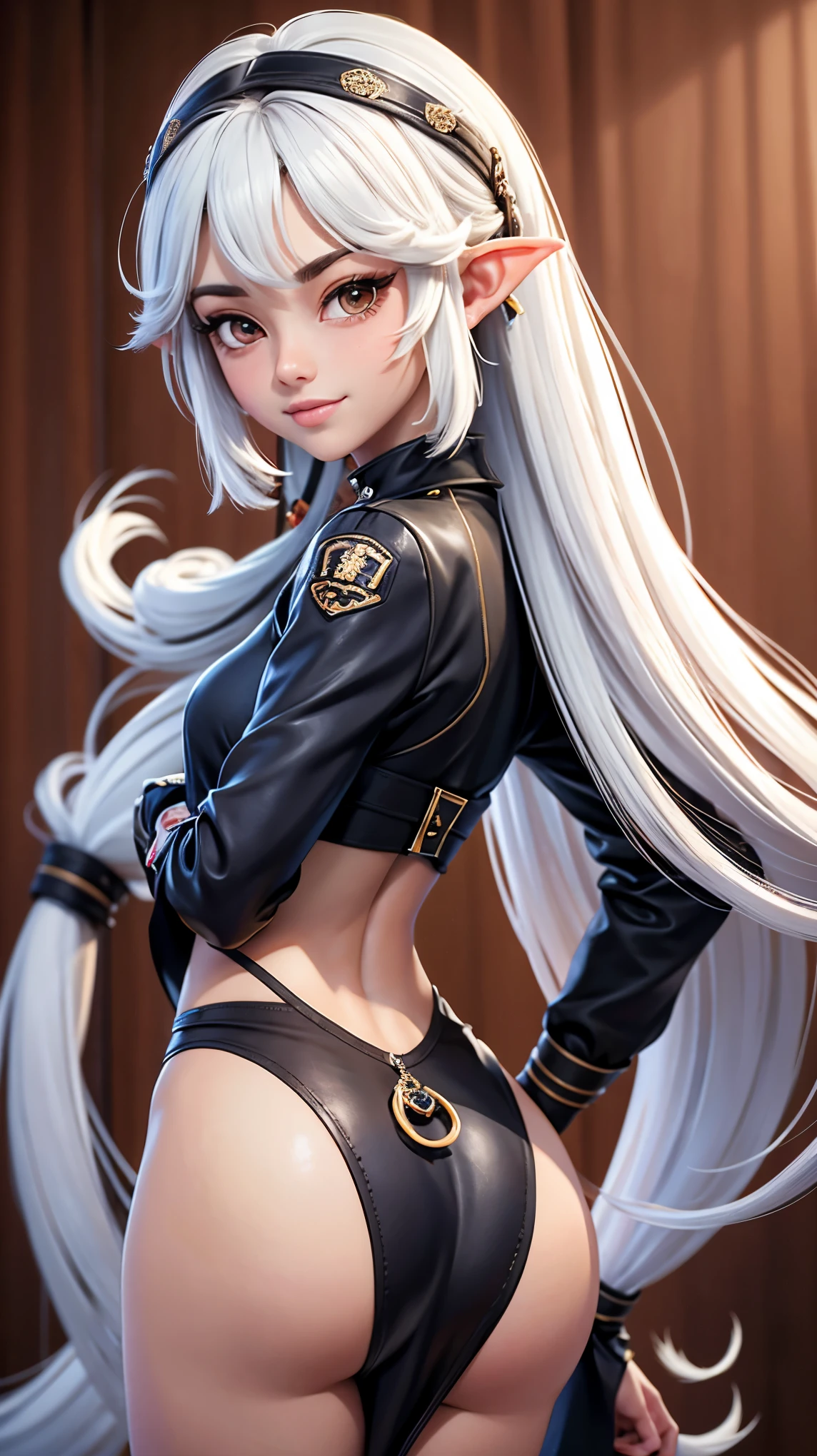 18 year old beautiful girl, ojos grandes, senos grandes, delgada, Small, 8k, calidad superior, (Cabeza muy detallada: 1.0), (cara muy detallada: 1.0), (cabello muy DetallaDo: 1.0), Arte oficial muy detallado, Estilo de arte Anime Moe, Arte de anime limpio y detallado, They are smiling, cabello negro, cabello largo y liso, pecho desnudo, Ushiwakamaru, Ruso, caderas grandes, perfecto, small waist, vista de espaldas, small ass, Bragas blancas, sentada de rodillas, de espaldas, sportwear, elf