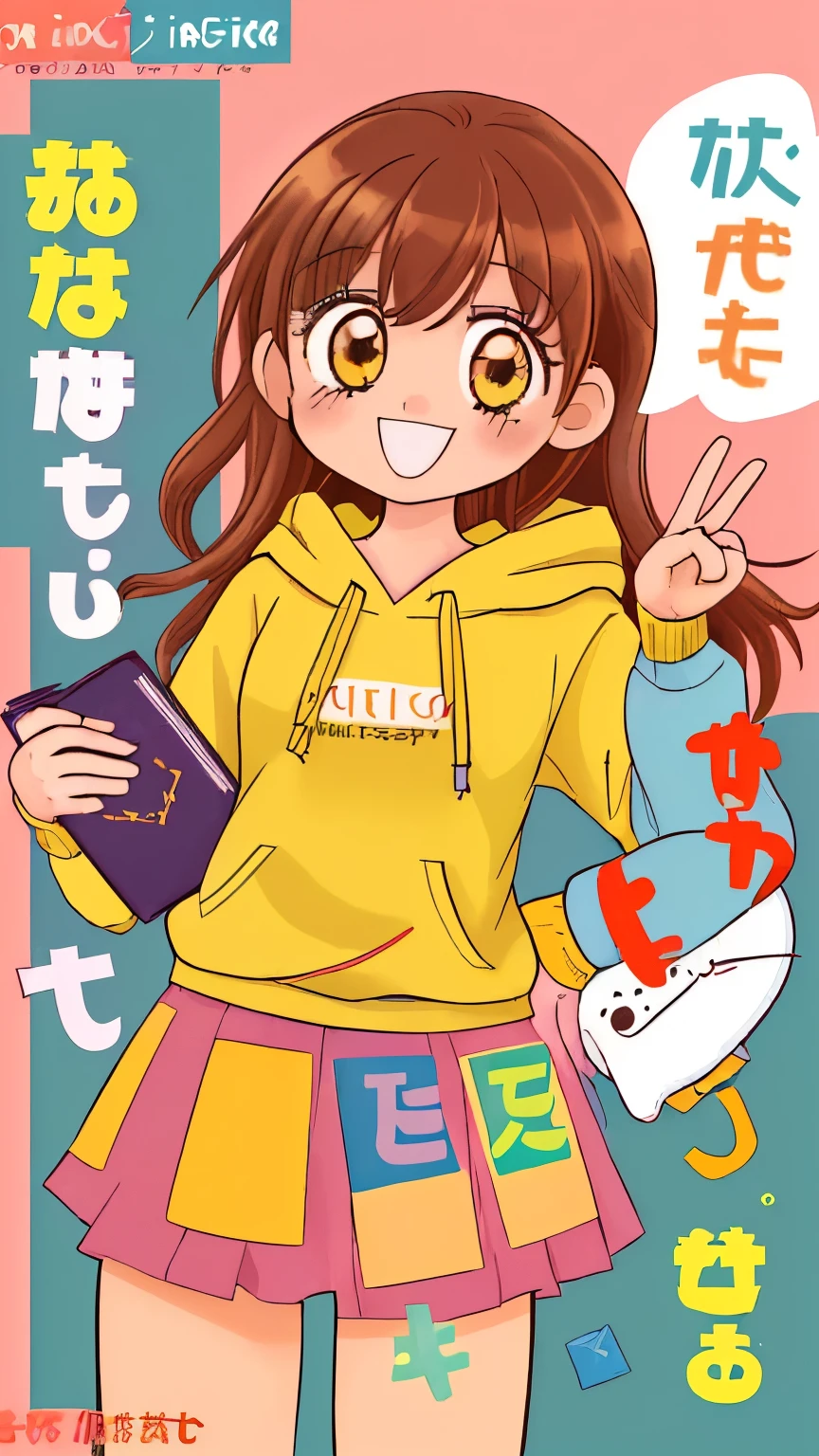 ((detailed)), ((high quality)), ((book cover illustration)), a book cover that looks innocent that's actually have a dark story, filled with color pastle palette, a girl with cheerful face in modern settings, girl with brown hair color, with happy smile, wearing a pastle/bright color clothes, wearing hoodie, while standing, some people standing behind the girl