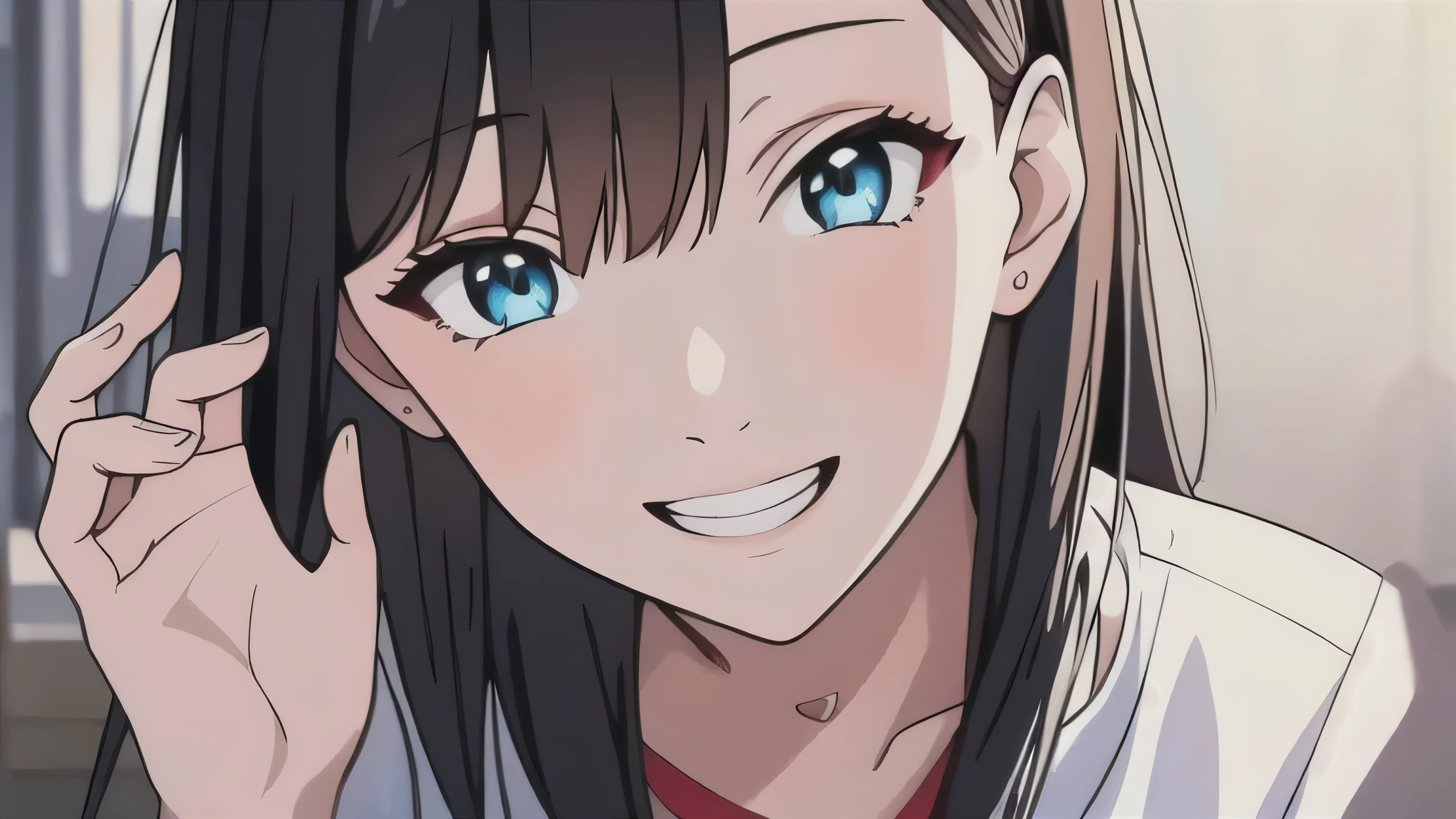 rin_matoi, medium to long hair, black hair, cyan eyes, casual clothes, running, smiling, visual novel cg style, BREAK looking at viewer, BREAK (masterpiece:1.2), best quality, high resolution, unity 8k wallpaper, (illustration:0.8), (beautiful detailed eyes:1.6), extremely detailed face, perfect lighting, extremely detailed CG, (perfect hands, perfect anatomy)