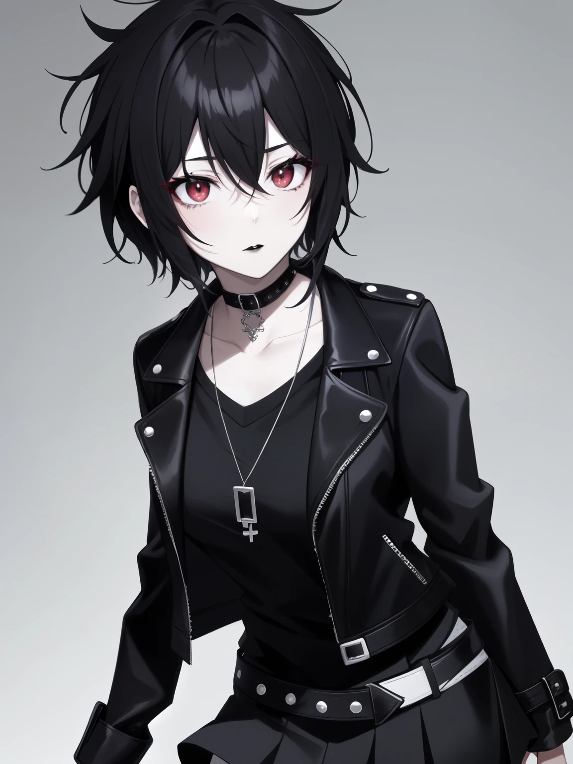 1girl, solo, mature female, (pale skin:0.9), red eyes, black hair, (wavy hair:0.1), messy hair, short hair, hair between eyes, mullet, wolfcut, pixie cut, goth, emo, punk, gothic, black lips, breasts, black biker jacket, black shirts, black skirt, choker, makeup, anime minimalist 