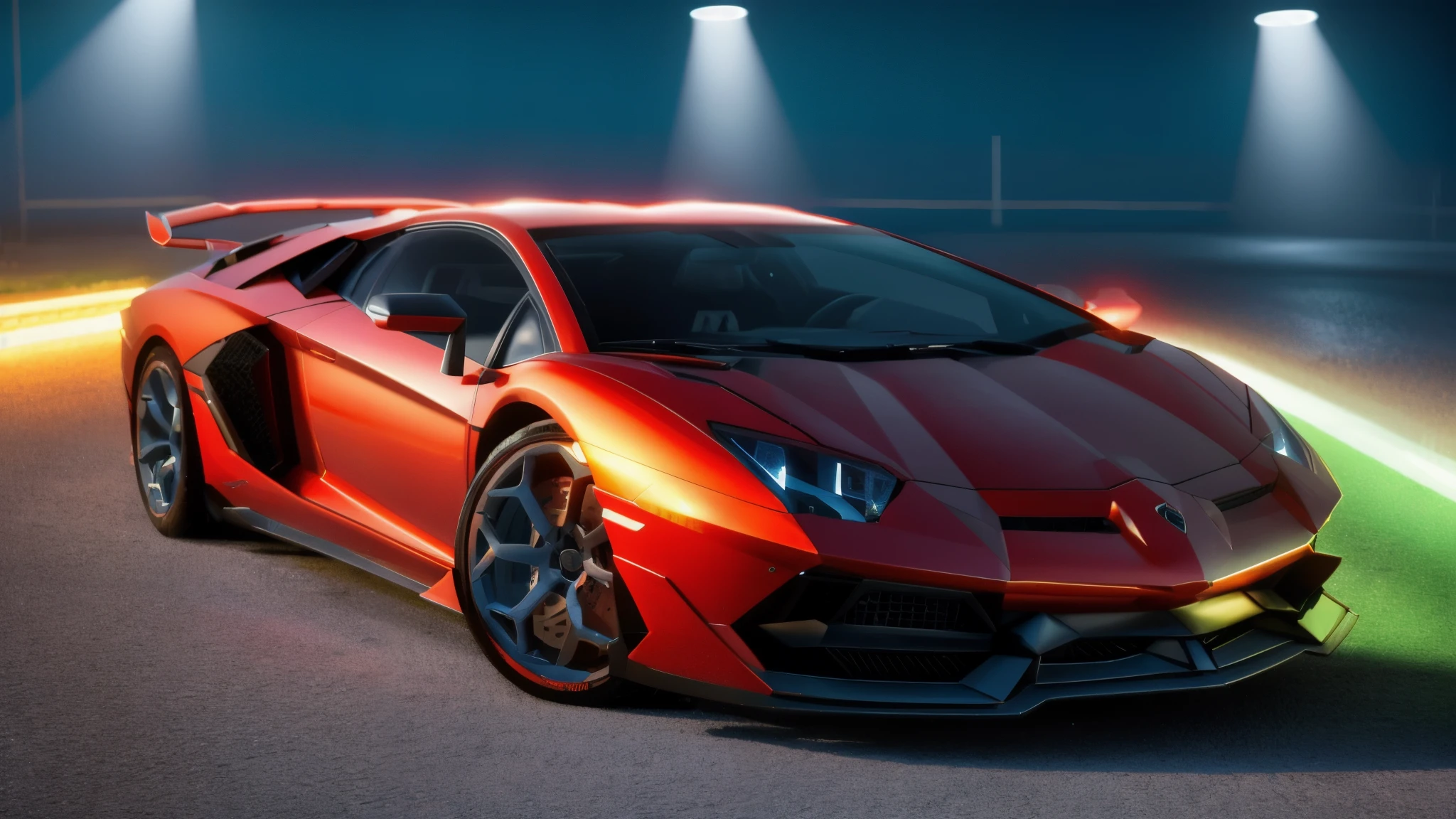 sports car model lamborghini aventador sv in bright black and red color, running on a road, with a background of a big city, the road wet by rain and the reflection of the vehicle appearing, realistic image, rendered 3d, detailed image, 12k, realistic photo, cinematic, vivid colors, ultra realistic image, detailed image, 12k image, ultra resolution, vivid colors, real image, 3d rendering, ray tracing, cinematic lighting, realism, expressionism, UHD, 8k, 16k, super detail, high detail, high quality
