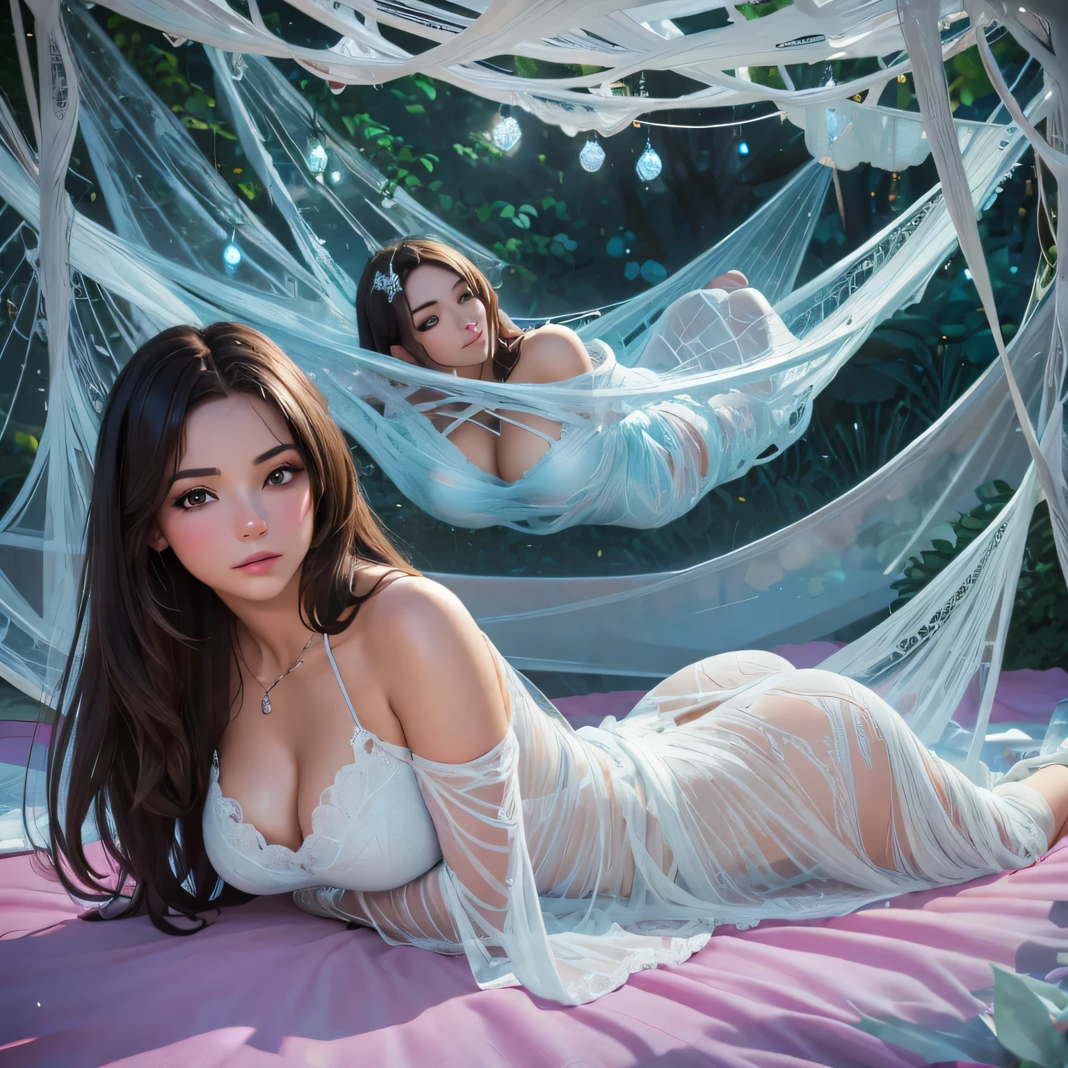 1girl, see her ass,(bright lighting,romantic setting),dreamy background,,dark hair, mesmerizing gaze, , soft skin, alluring beauty, artistic portrait, high-quality image, vibrant colors,translucent long silk gown, mosquito net, lying down, romantic bedroom, cartoon,spider web