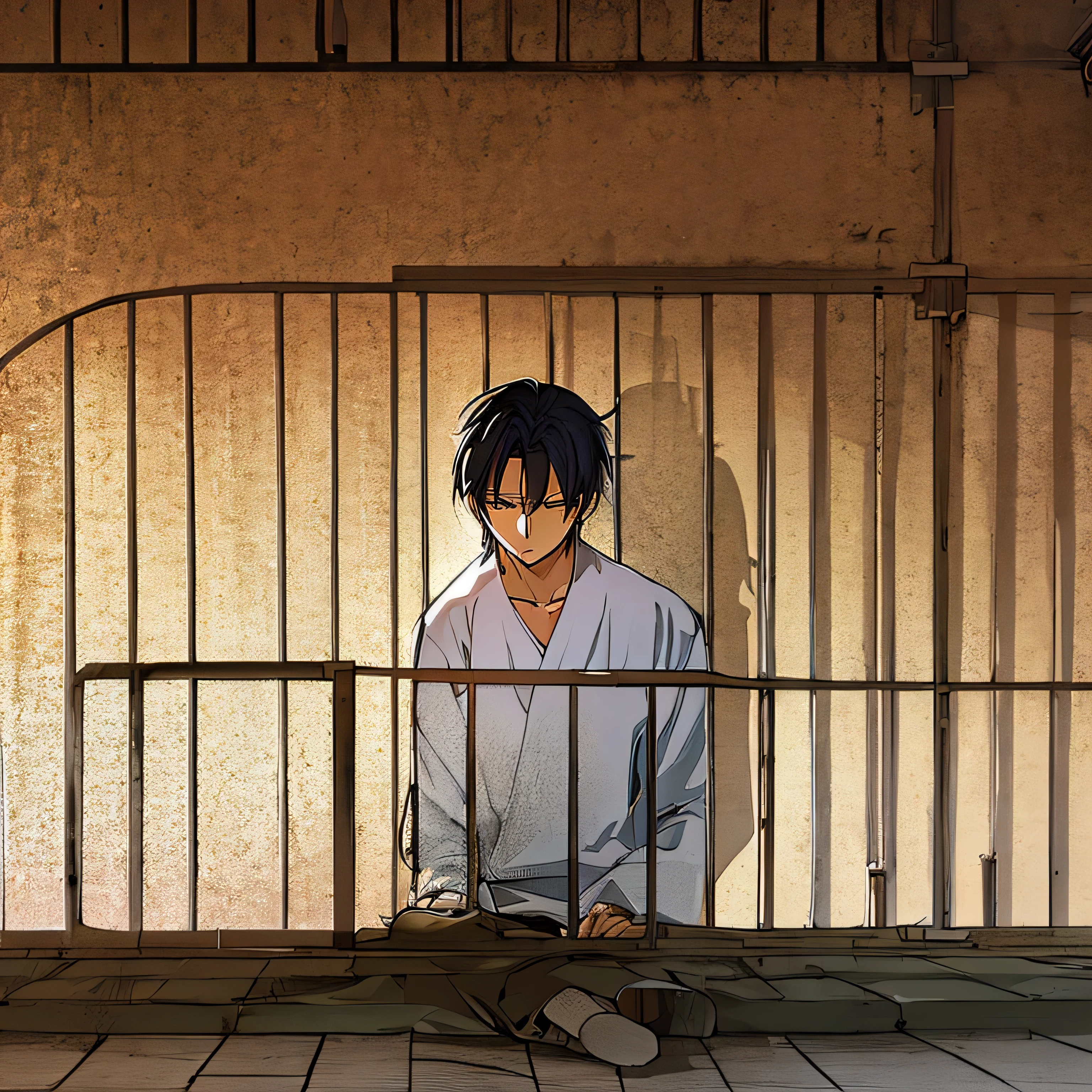 anime style, guy leaning against wall, in prison cell, wearing prisoner outfit, facing away