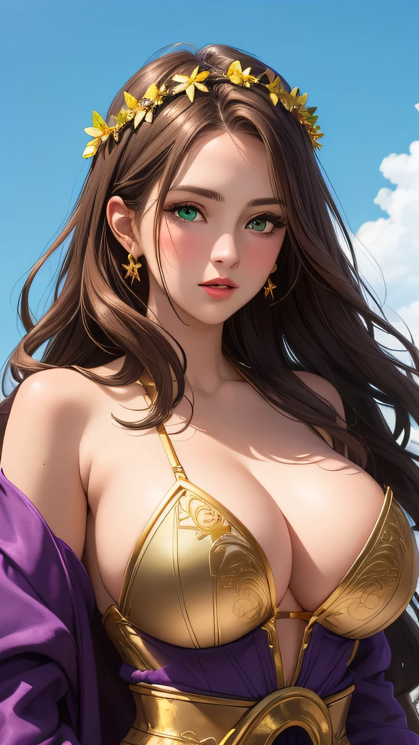 (masterpiece, best quality), intricate details, beautiful 30 year old woman, brown hair, green eyes, purple royal robes, revealing, big breasts, long messy hair, pretty lips, sunny sky background, sexy, bright, upper body, gold wreath,