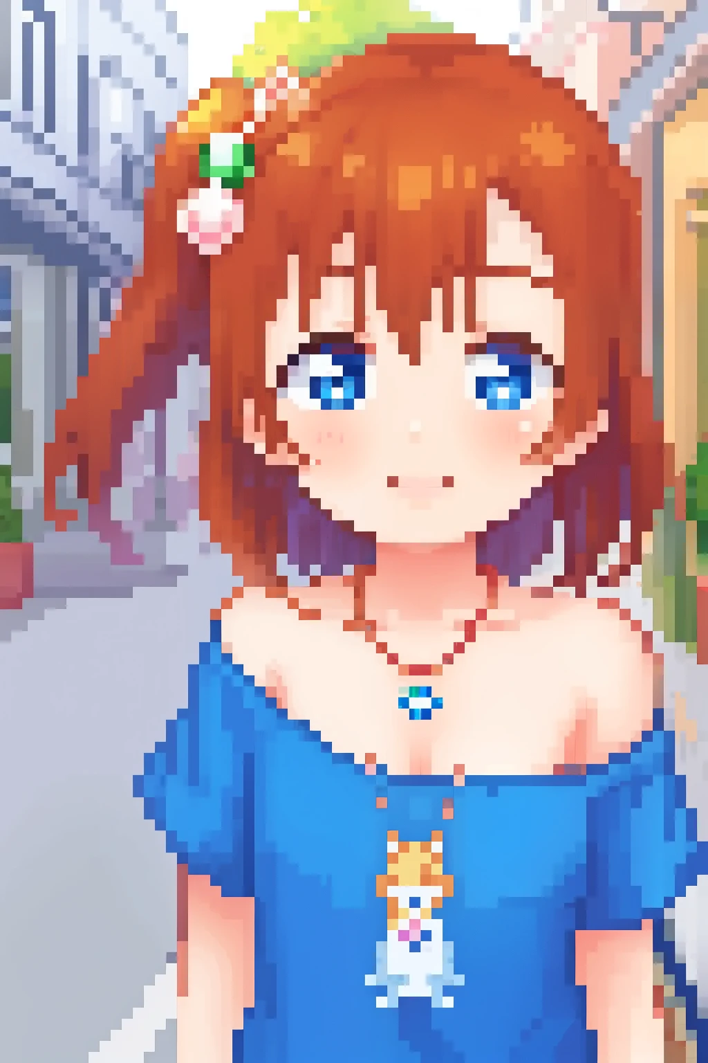 masterpiece, best quality, wallpaper, upper body, kousaka honoka, blue eyes,off shoulder t-shirt, necklace,pixel_art,in street , cute smile , hair ornaments