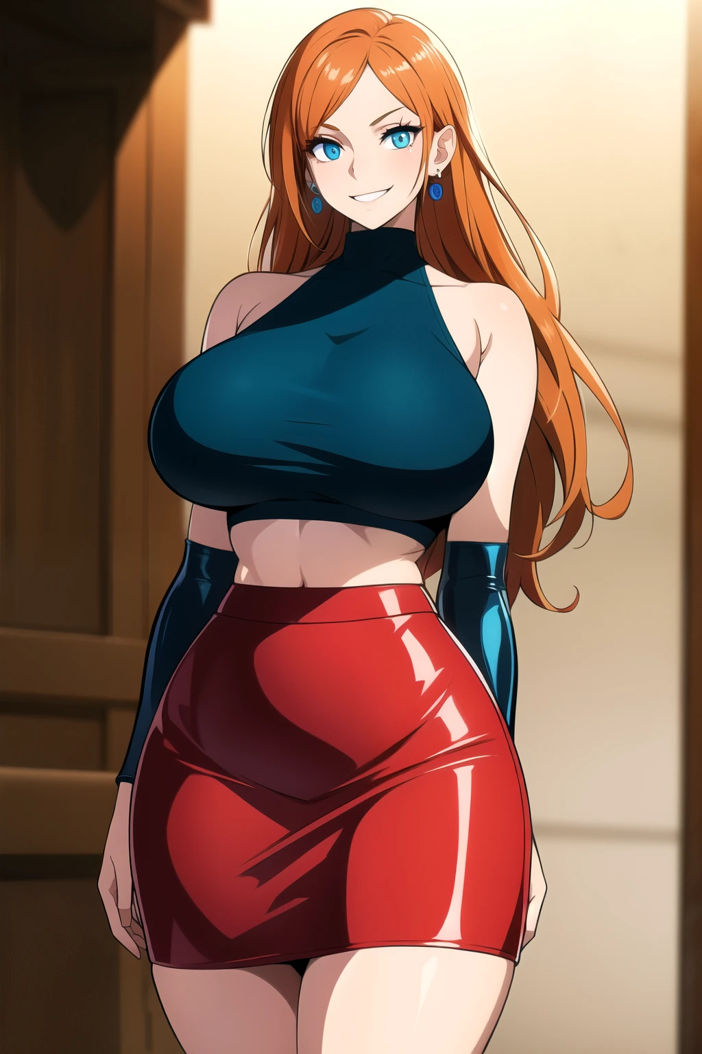masterpiece, best quality, absurdres, 8k, perfect shadows,perfect lighting,hdr, ambient lighting, cowboy shot,shiny skin,skindentation, beautiful body, NamiFinal, orange hair, long hair, blue eyes, (red crop top, turtleneck, bare shoulders, red latex pencil skirt, underboob, jewelry earrings,tight fit, complex detailed background, inside, luxury palace) (gigantic breasts,hourglass body, thin waist,very slim waist)extremely detailed face,detailed eye makeup, detail face, nice detailed eyes,nice hands, perfect hands (realistic pupils,realistic iris:1) heavy eye makeup,glowing eyes, Bright eyes,standing,standing at attention,(evil smile), gigantic breasts, curvy