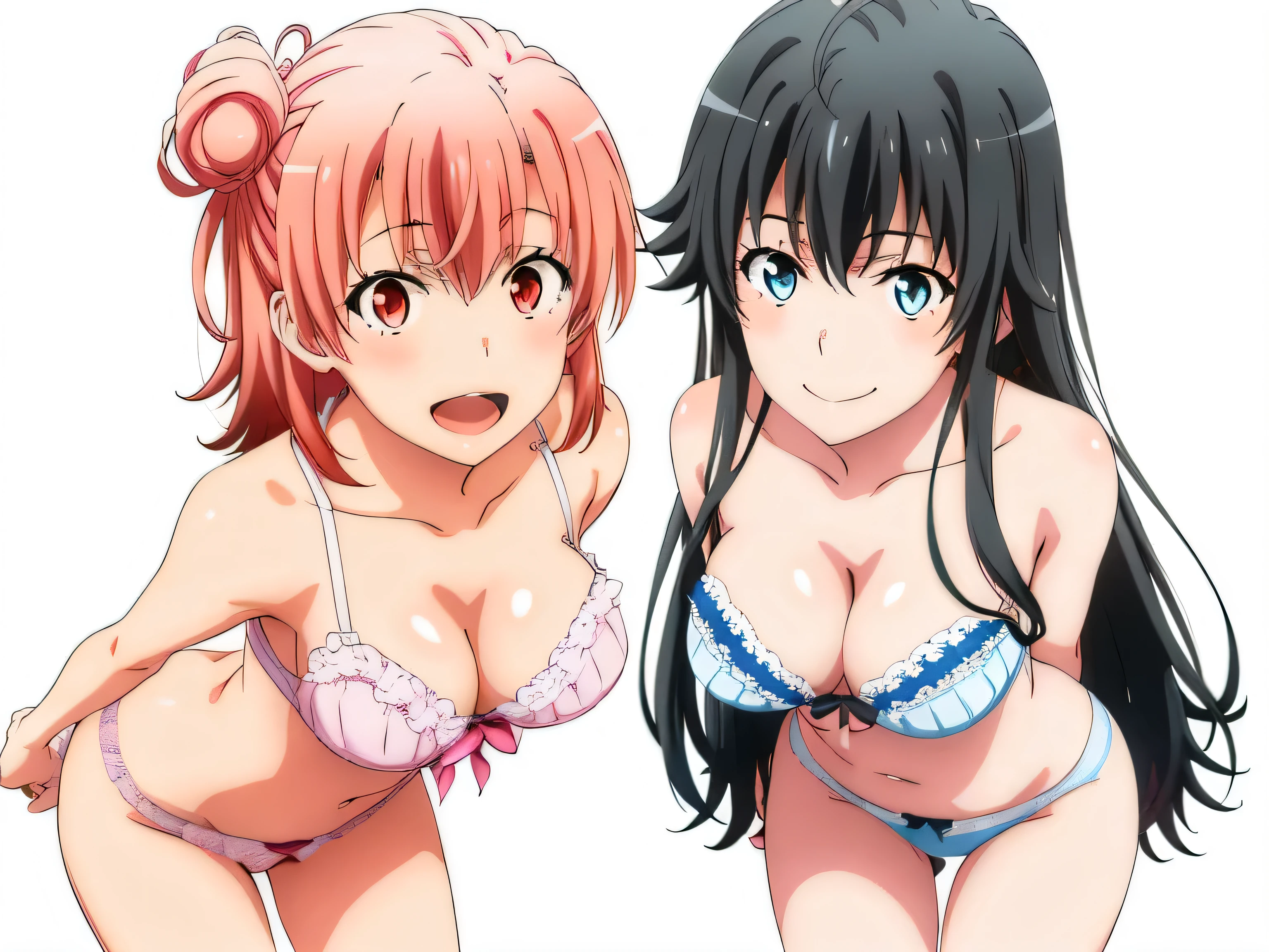 ((2 girls:1.0)), (Yuigahama Yui shapely ),(Yukinoshita Yukino),no background,In underwear,,Ribbon on pantiessilk panties,pink sties,belly button,knees,calf,froooking at camera,(high angle),open your mouth,smile,Panoramic view of the head,beautiful eyes