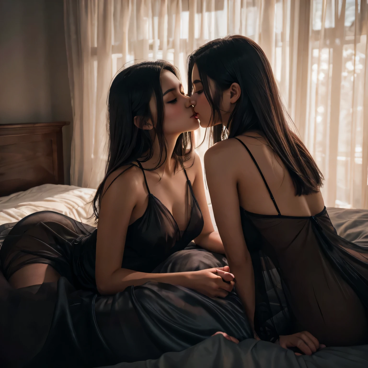 two girl kissing, see her ass,(bright lighting,romantic setting),dreamy background,,dark hair, mesmerizing gaze, , soft skin, alluring beauty, artistic portrait, high-quality image, vibrant colors,translucent black long silk gown, mosquito net, lying down, romantic bedroom