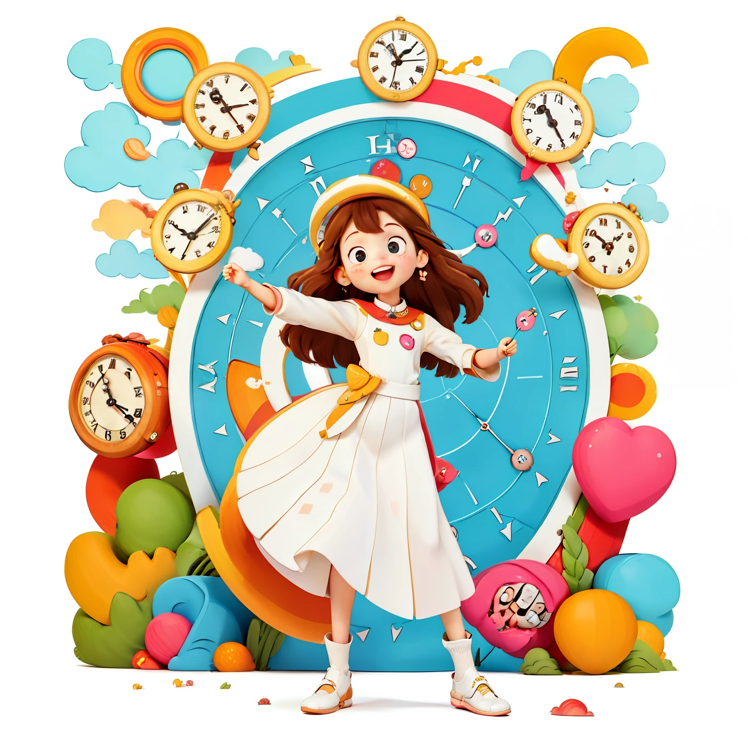 Girl with long brown hair,Wearing a white wedding suit,(Wear a long skirt),in the time tunnel,colorful,Dance(with love)happy,surrounded by clocks,(surrounded by love),O sign,vector,line art,design,inspiration,straight line,RHAD
