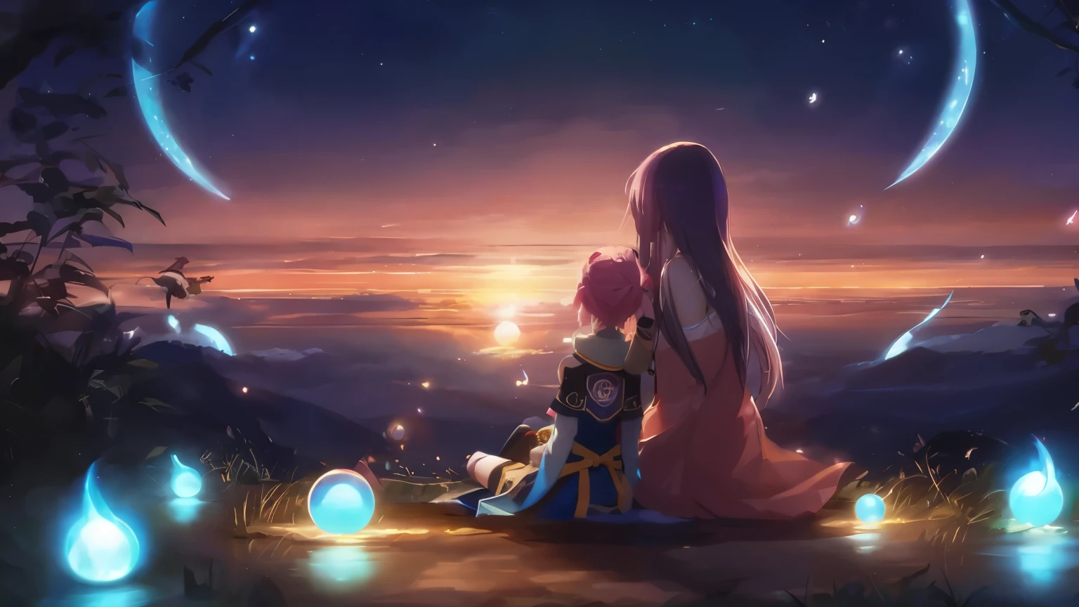 Couple of anime sitting on the ground,With glowing sphere, no game No life, beautiful fantasy anime, fantasy style anime, Zerochan Art, hd anime wallpaper, anime fantasy artwork, anime wallpaper, fantastic anime, beautiful anime, anime fantasy illustration, beautiful anime artwork, anime art style, beautiful anime art, pixiv contest winner, pixiv digital art