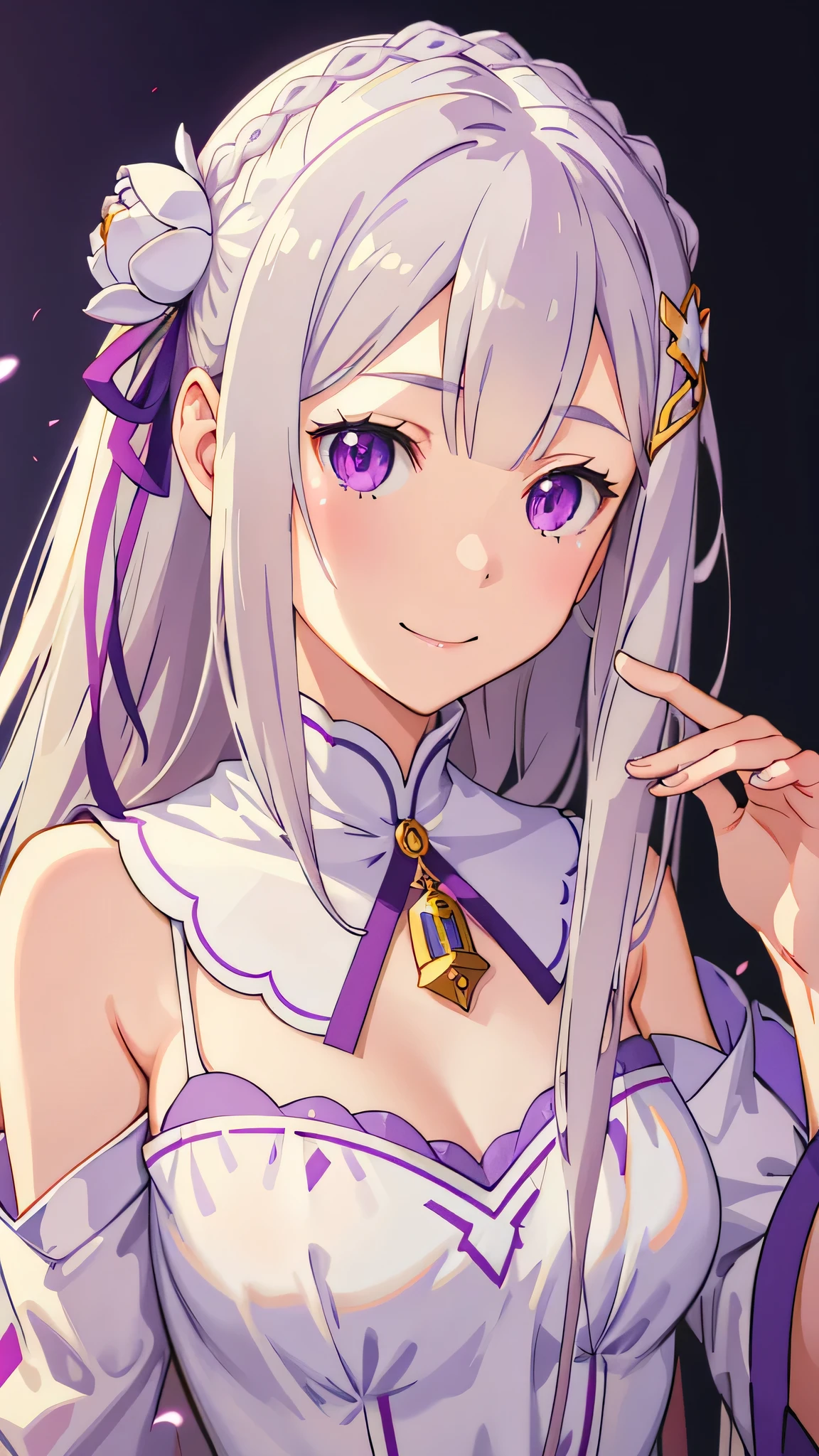 realistic、one girl、 Emilia Lee:zero、crown blade、flower hair ornament、×Hair ornament、gray hair、long hair、purple eyes、fantasy、magic effect、pieces fly、smile、