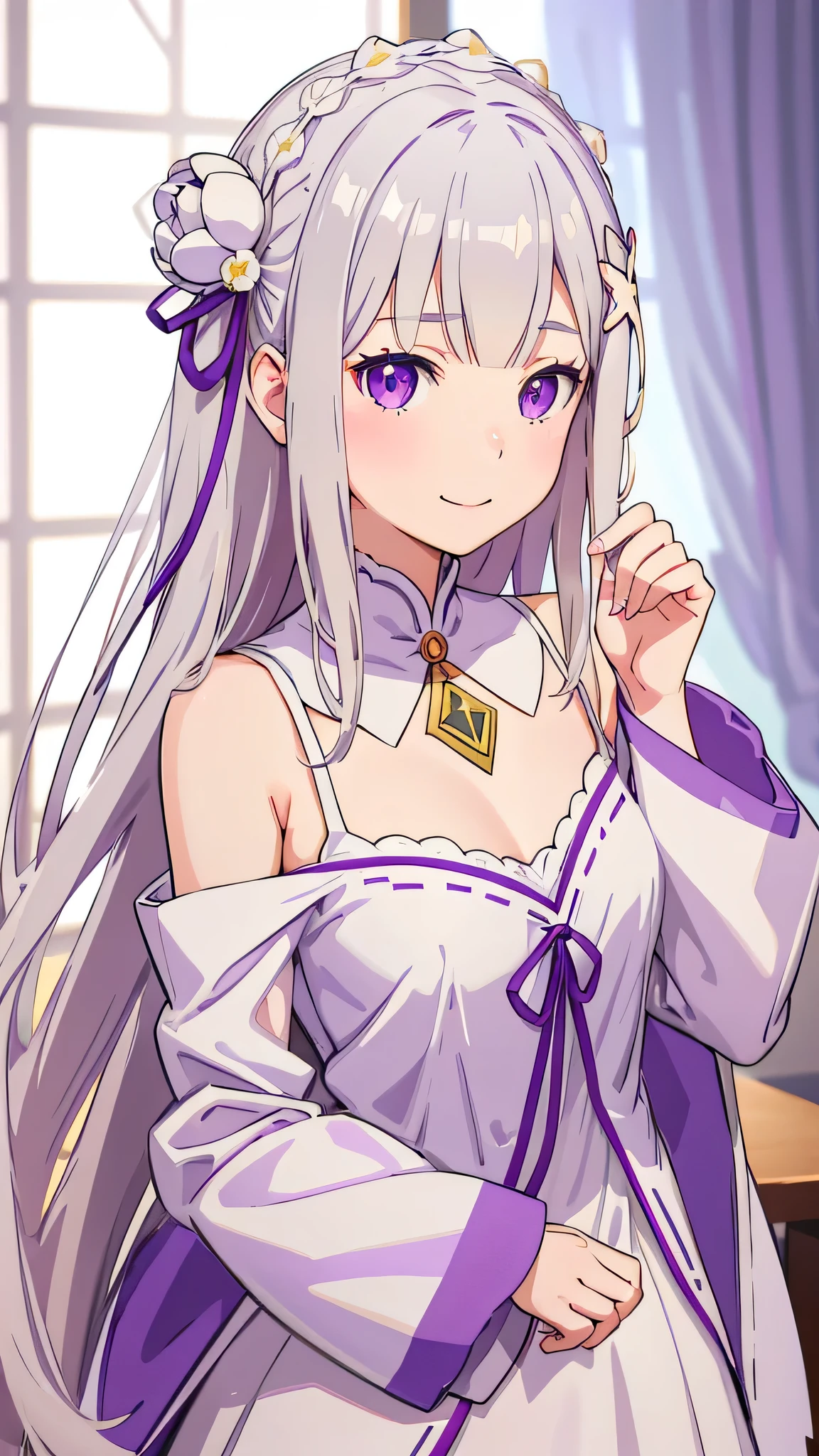 realistic、one girl、 Emilia Lee:zero、crown blade、flower hair ornament、×Hair ornament、gray hair、long hair、purple eyes、fantasy、magic effect、pieces fly、smile、