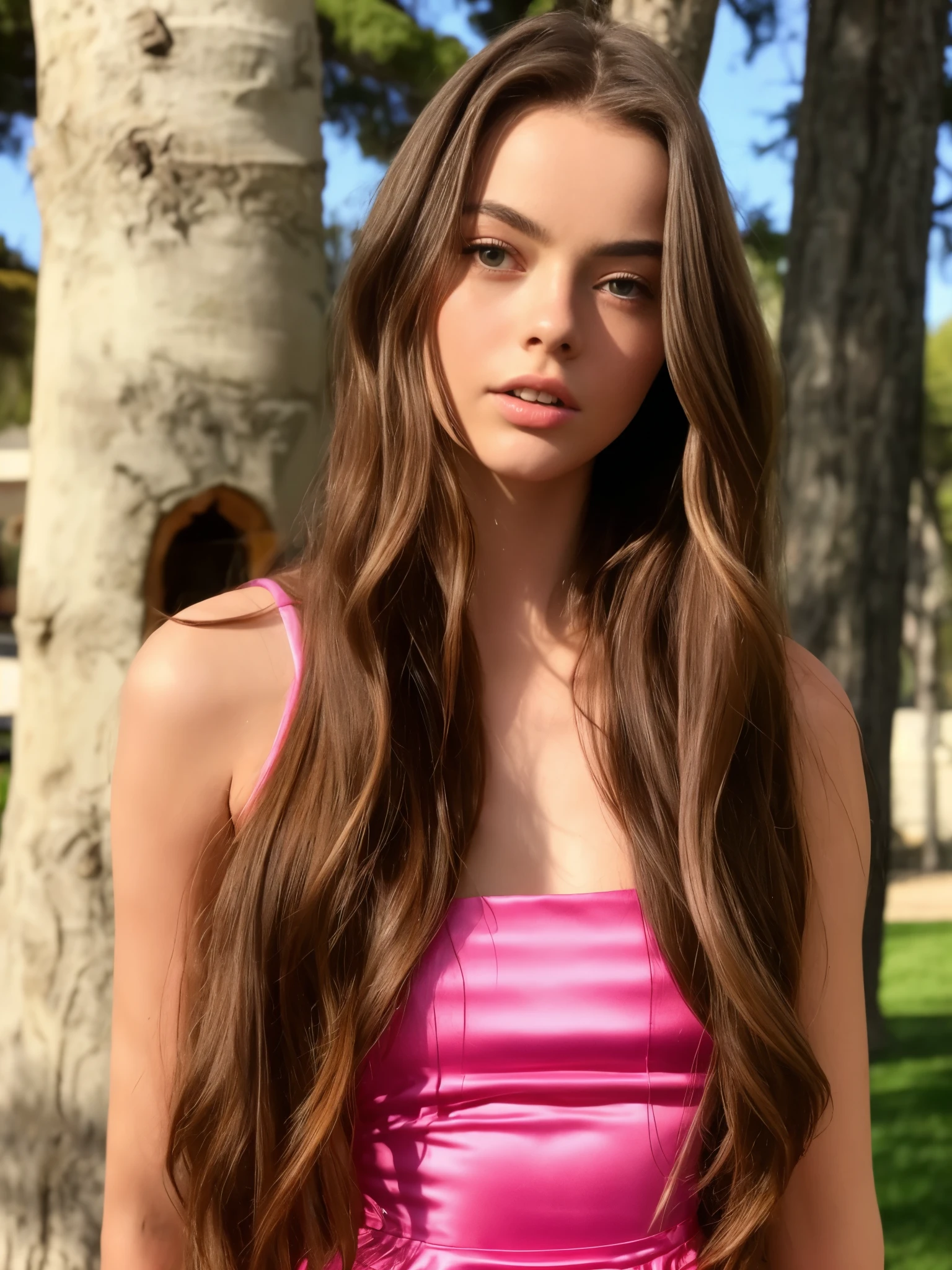 Arafed woman in a pink dress standing in front of a tree, Beautiful young model, Beautiful model, 16 year old female model, Beautiful female Samara weaving, Very pretty model, Gorgeous beautiful, Bright pink face, Gorgeous attractive face, Beautifully stunning , by Jorge Velarde, She has long orange-brown hair, she is about 16 years old Kristina Pimenova, KristinaP, teenage girl, sweet girl, sweet woman, Russian friend, instagram model, big breast, slim tight dress