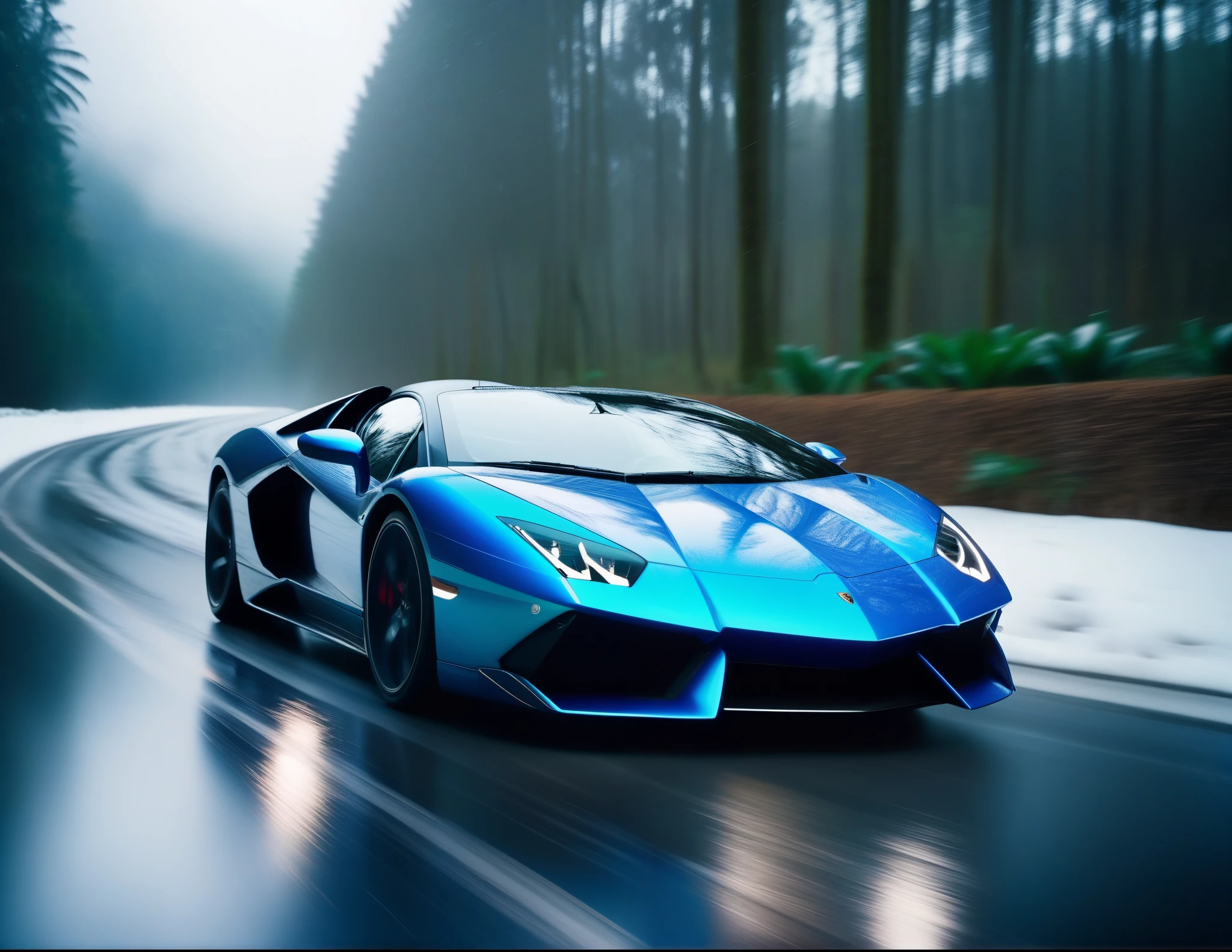 raw photo, (high detailed :1.2), 8k uhd, dslr, soft lighting, high quality, film grain, Depth of Field, freeze frame, cinematic, snow, motion lines, an exotic car going at high speed on a highway in a rainforest