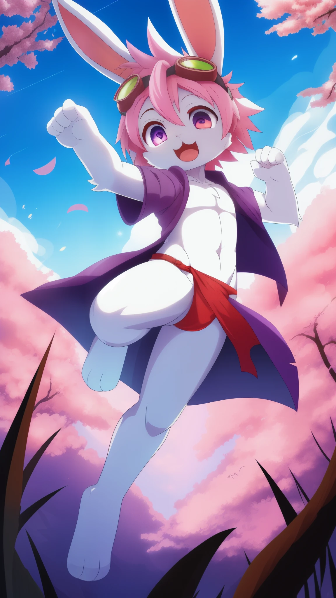 Furry shota, young, rabbit, long rabbit ears, pink hair, long spiky ponytail, spiky hair, detailed body fur, Pink eyes, ((purple kimono, open clothes, red fundoshi, goggles)), looking at you, white body fur, detailed face, big eyebrows, detailed eyes, detailed body, detailed hands, glistering body, shiny body, skinny, spectacular effects, perfect lighting, perfect shadows, perfect eyes, perfect hair, perfect face, gorgeous body, full body, feets with three toes, happy, sakura tree forest, clear sky, flying kick, kicking, barefoot, open mouth, chakra power,