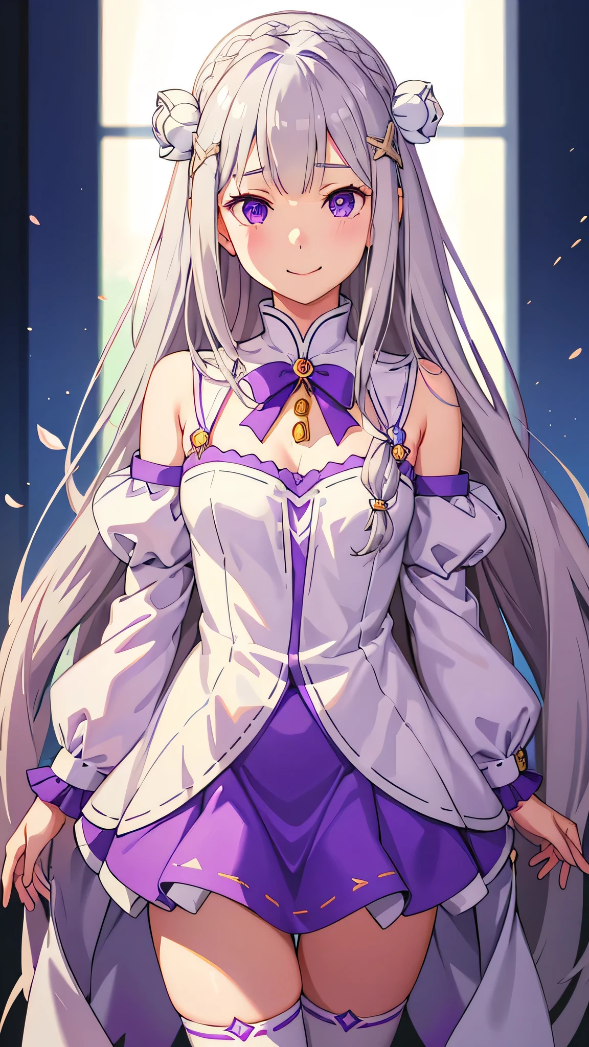 realistic、one girl、 Emilia Lee:zero、crown blade、flower hair ornament、×Hair ornament、gray hair、long hair、purple eyes、fantasy、The magic effect of ice、illumination、pieces fly、smile、mini skirt、white knee high socks、