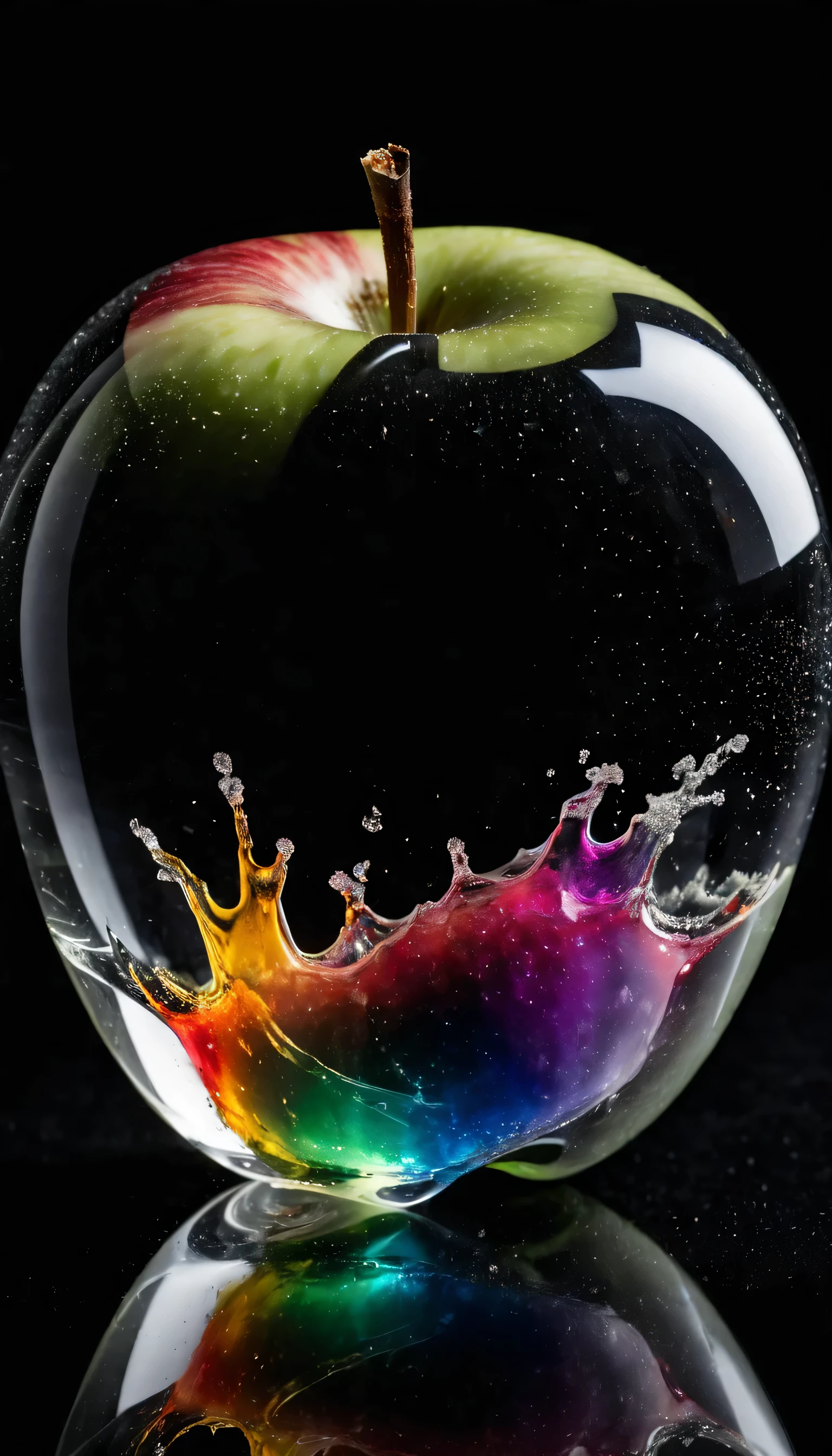 Photo of a completely transparent glass apple in front of a black screen, im Glas gibt es eine Farbpulver explosion in allen Farben