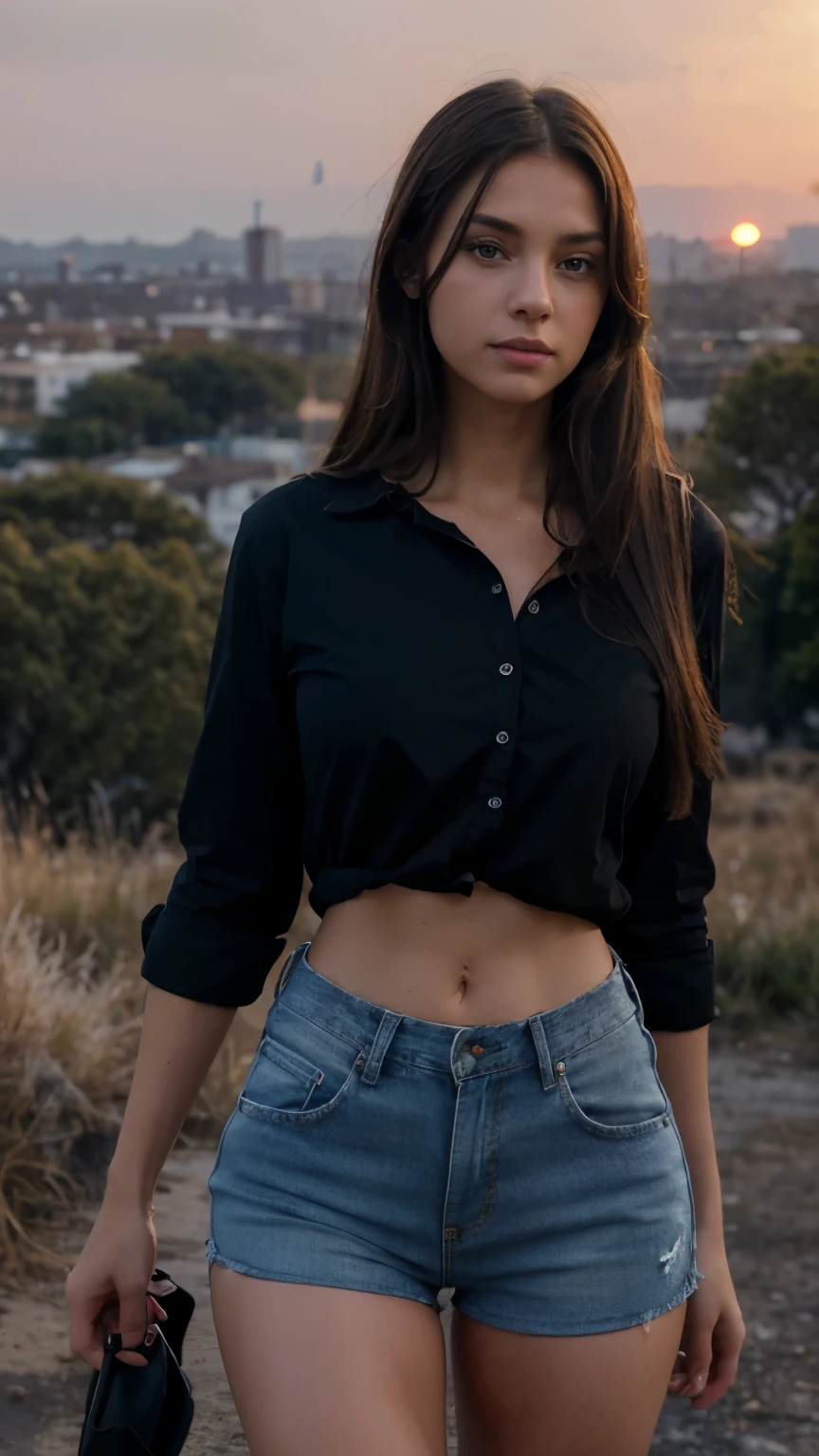 European girl, realistic brunette girl, beautiful face, detailed face, very straight hair, straight hair, extra straight hair, detailed hair, realistic hair, tanned skin, gym body, fitness body, Thin waist, perfect , Big , Big booty, Big ass, Big legs, perfect body, wearing worn jeans, blue worn jeans, long sleeved black shirt, strict shirt, top buttons undone, shirt with collar, hiking boots, Girl standing silhouetted against a breathtaking sunset on a helipad. Looking at the camera, (rim lighting,:1.4) The warm hues of the sky create the perfect moment.